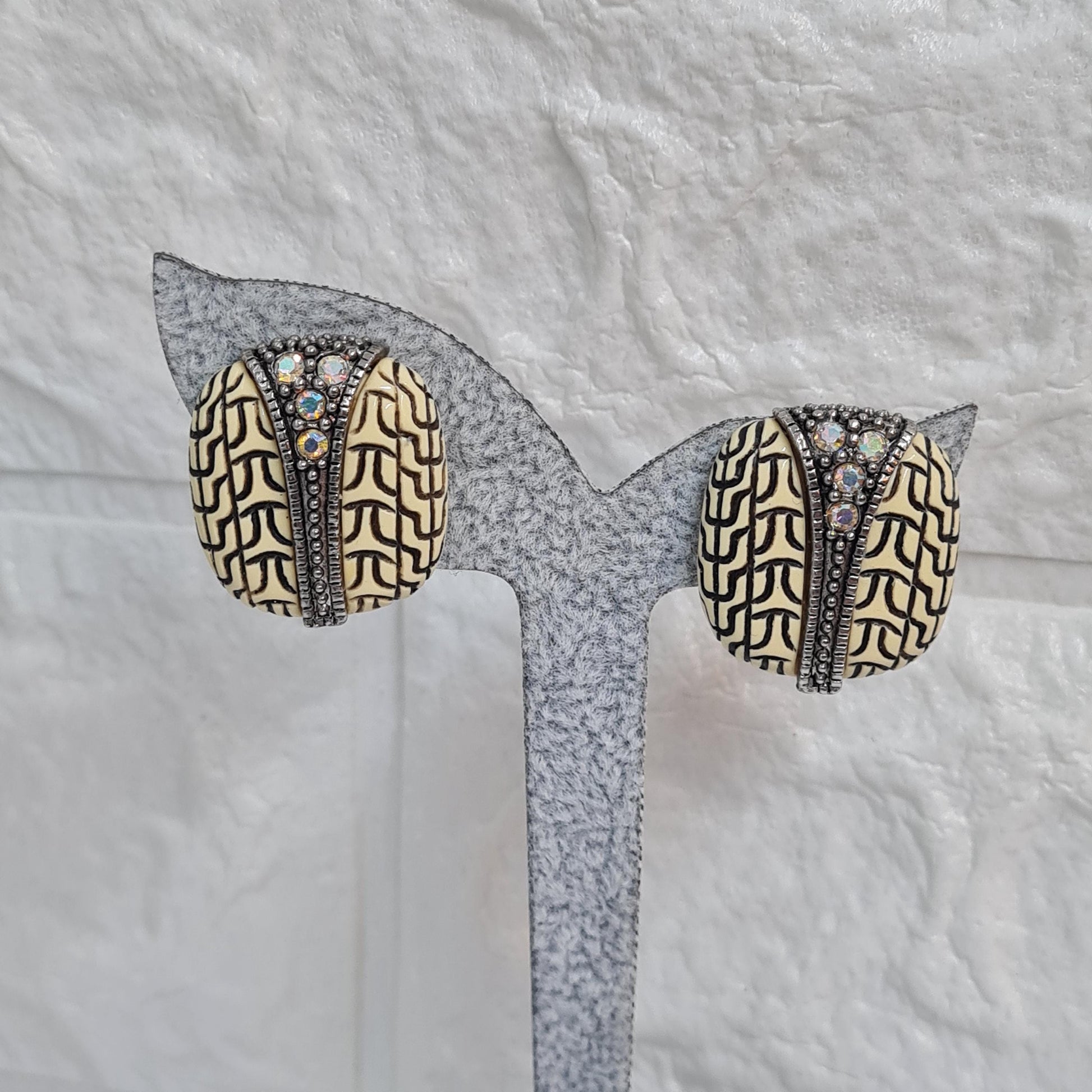 Vintage 1960s square clip-on earrings Carved resin with AB rhinestone clip earrings