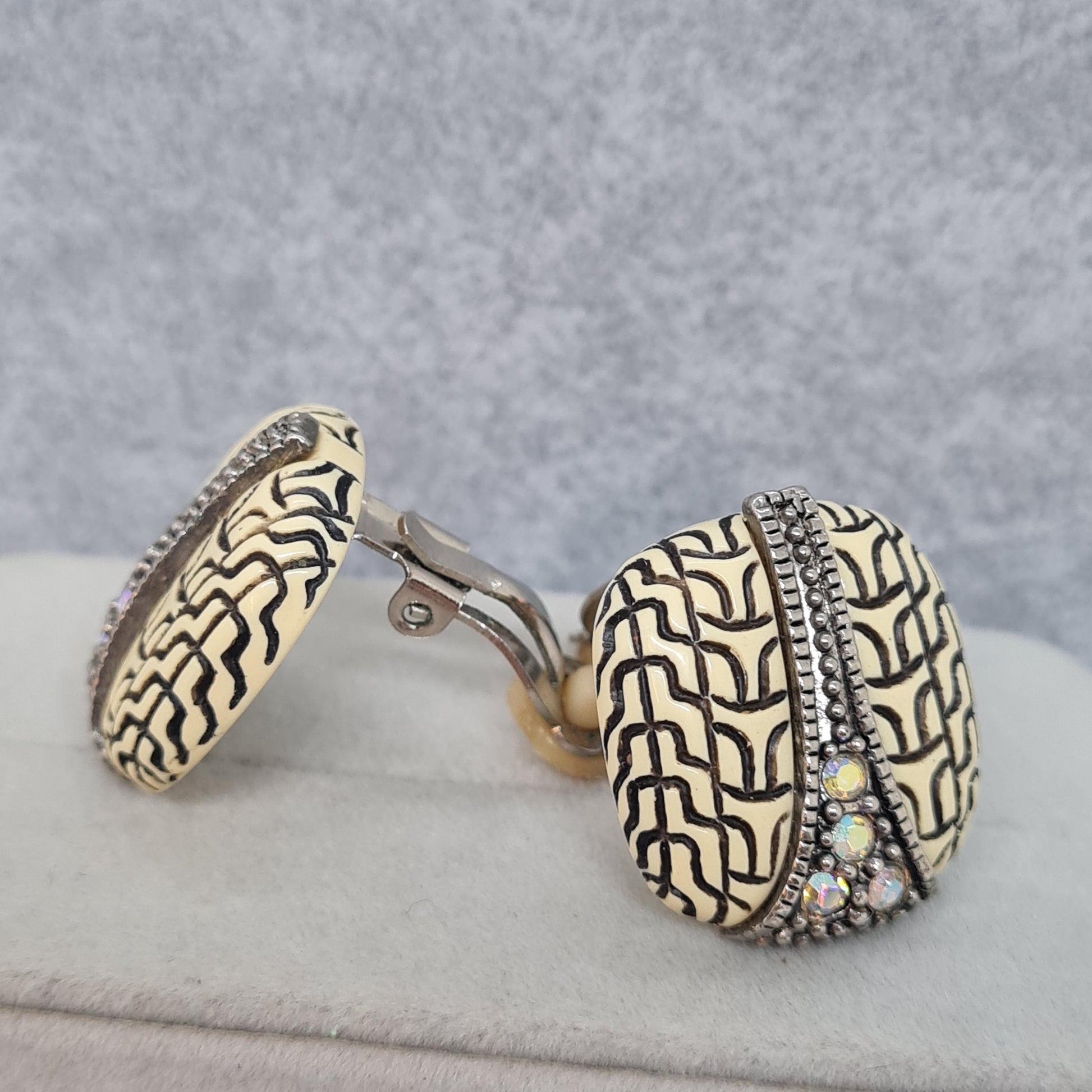 Vintage 1960s square clip-on earrings Carved resin with AB rhinestone clip earrings