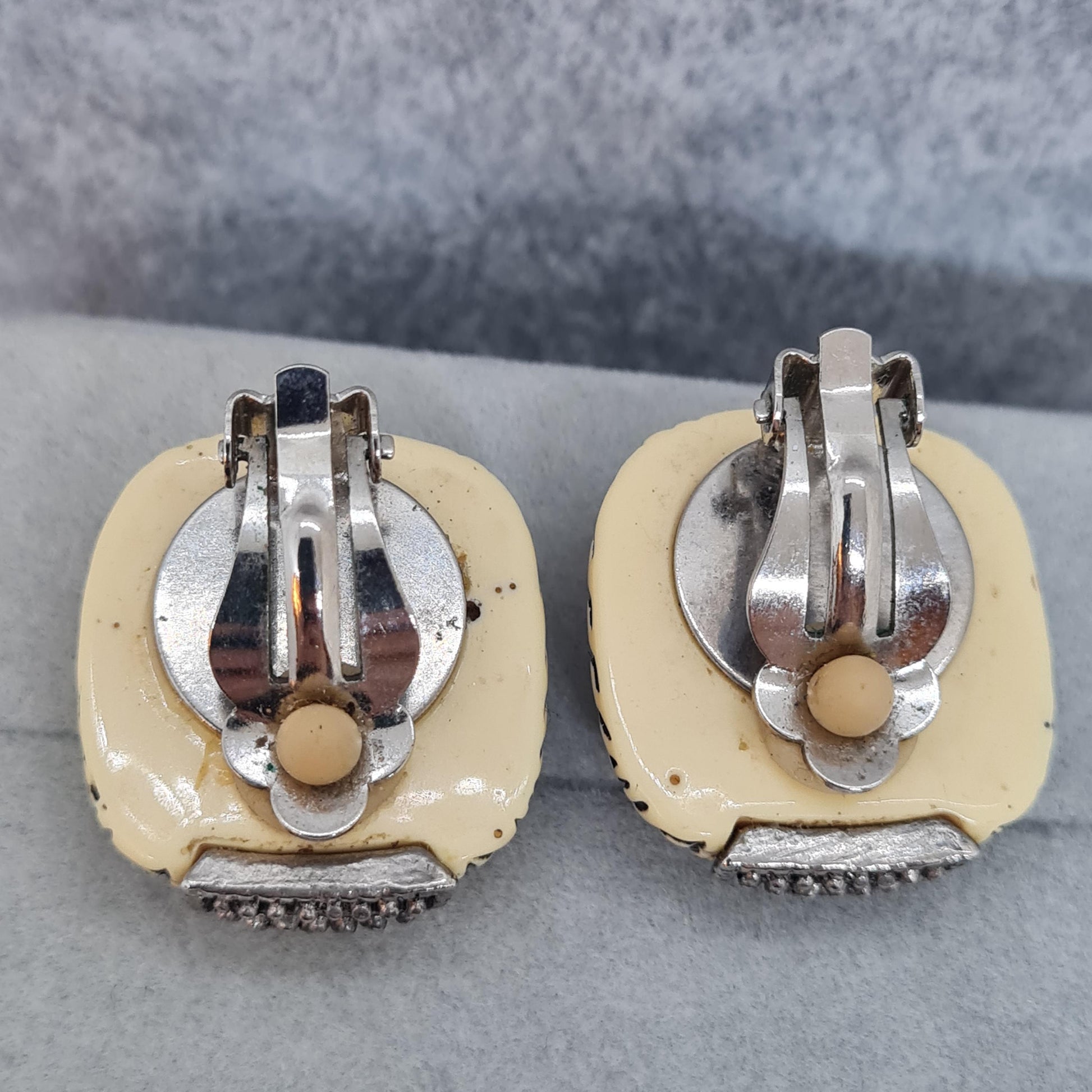 Vintage 1960s square clip-on earrings Carved resin with AB rhinestone clip earrings