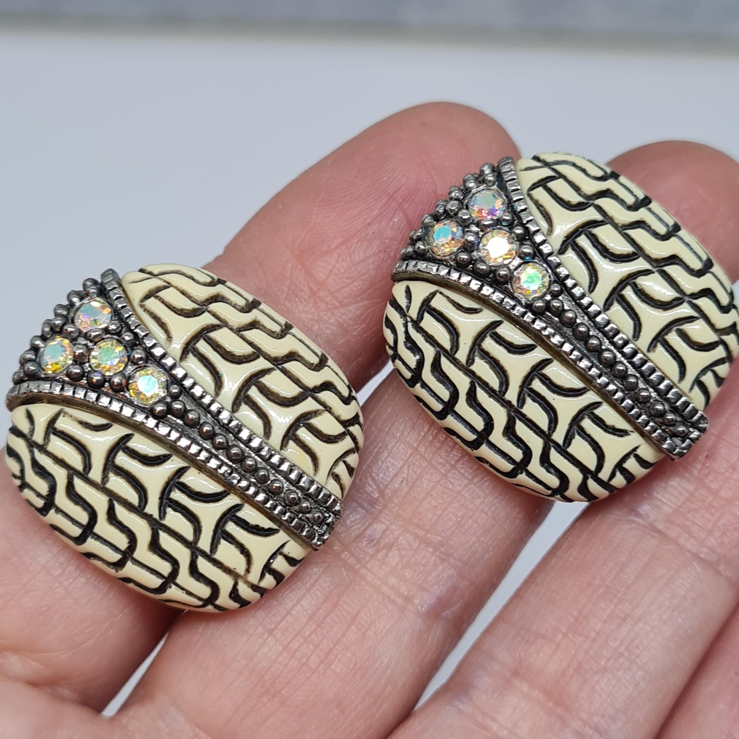 Vintage 1960s square clip-on earrings Carved resin with AB rhinestone clip earrings