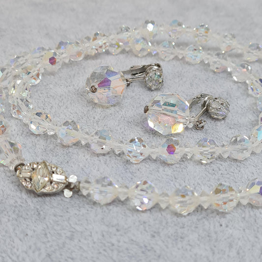 Vintage AB rhinestone jewelry set. Silver-tone metal with sparkly glass beads. Awesome necklace and clip-on earrings set.