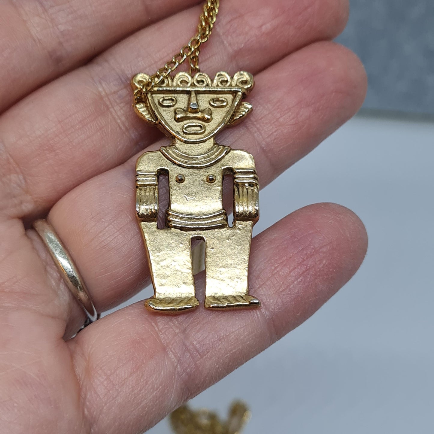 Vintage Mayan god pendant necklace Gold-tone metal chain and Aztec male figure pendant