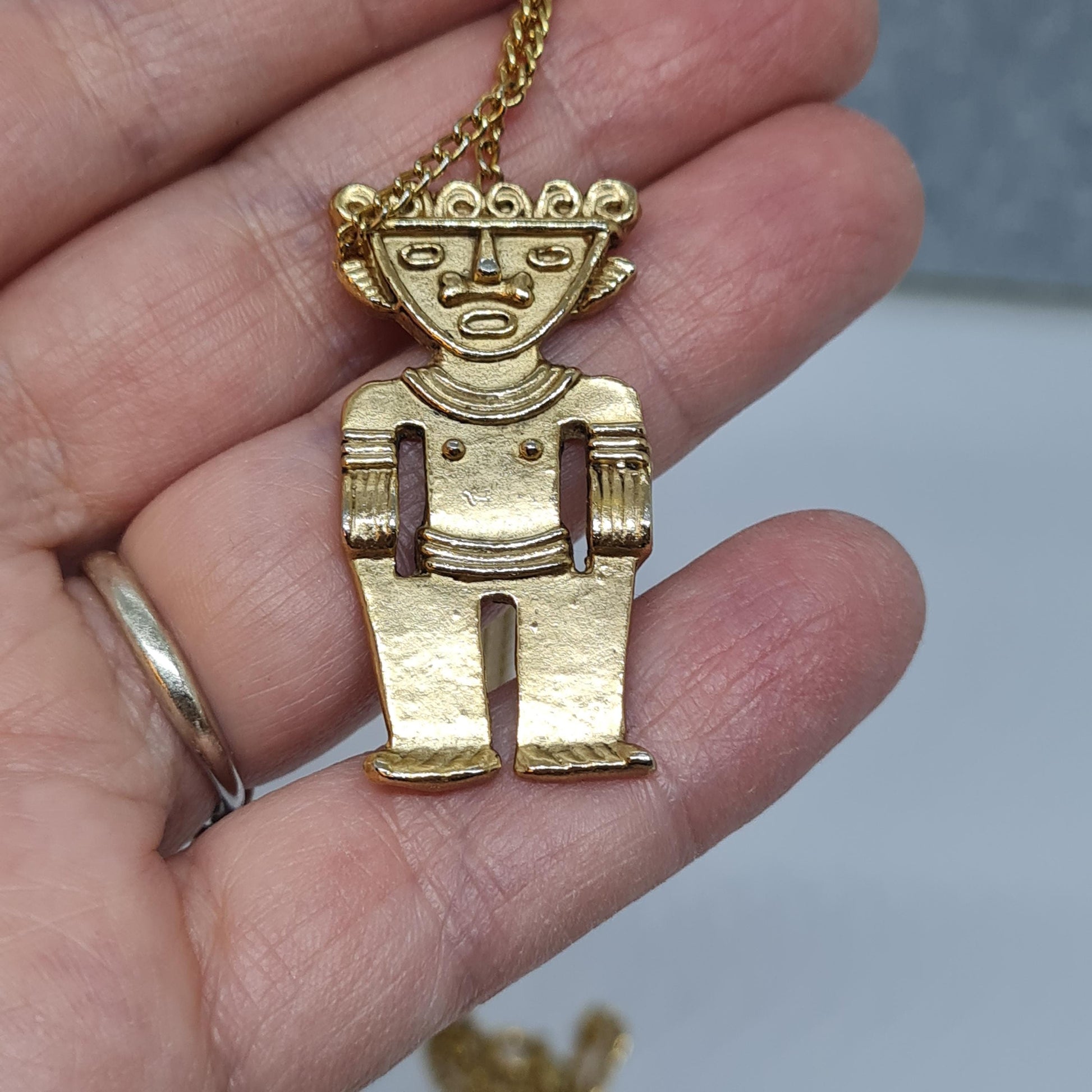 Vintage Mayan god pendant necklace Gold-tone metal chain and Aztec male figure pendant
