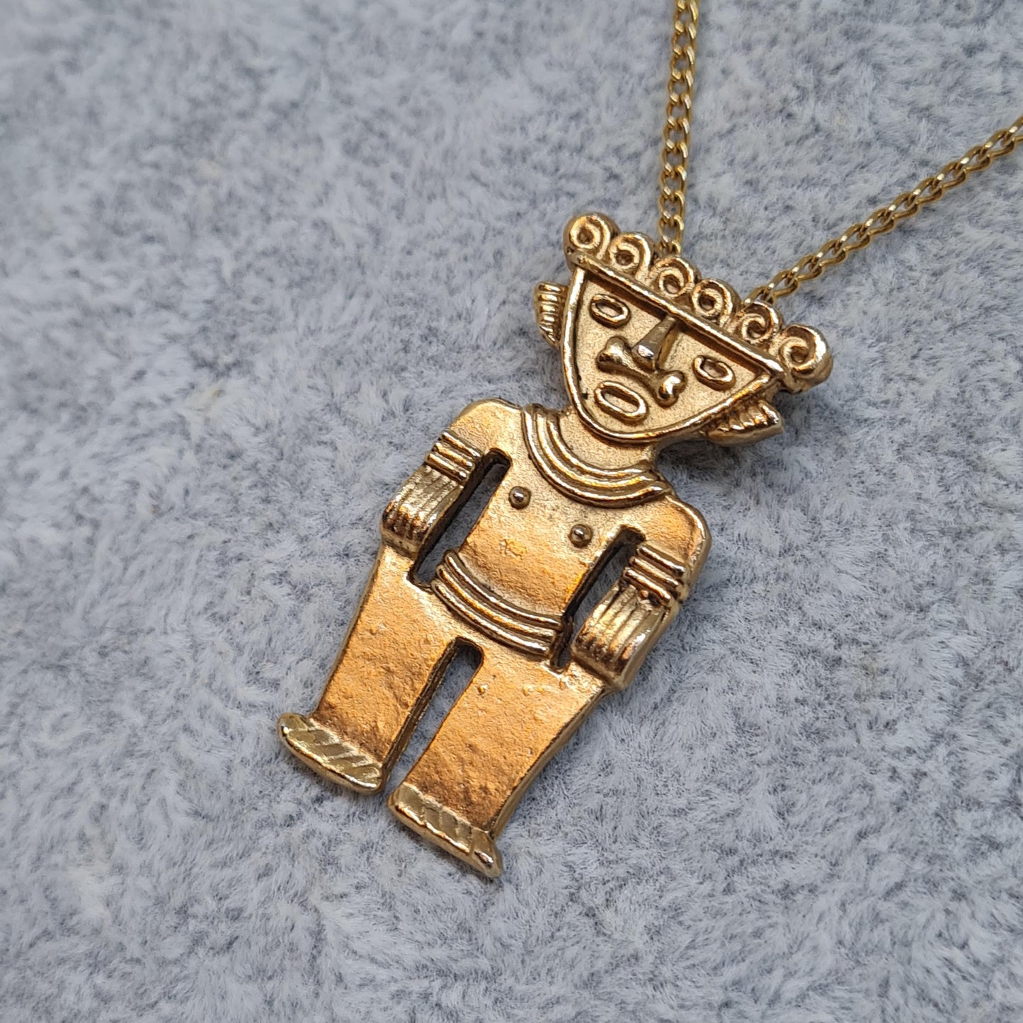 Vintage Mayan god pendant necklace Gold-tone metal chain and Aztec male figure pendant