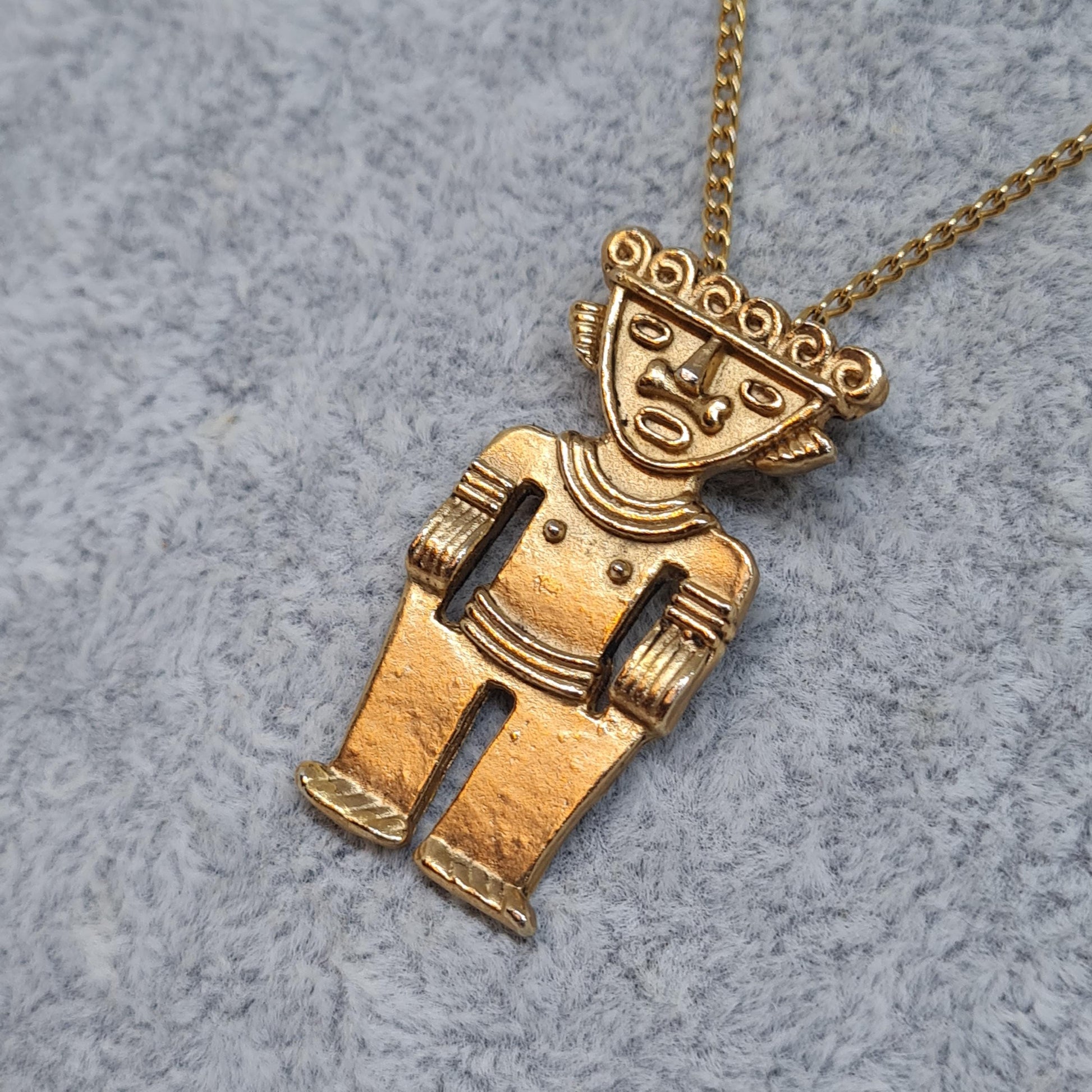 Vintage Mayan god pendant necklace Gold-tone metal chain and Aztec male figure pendant