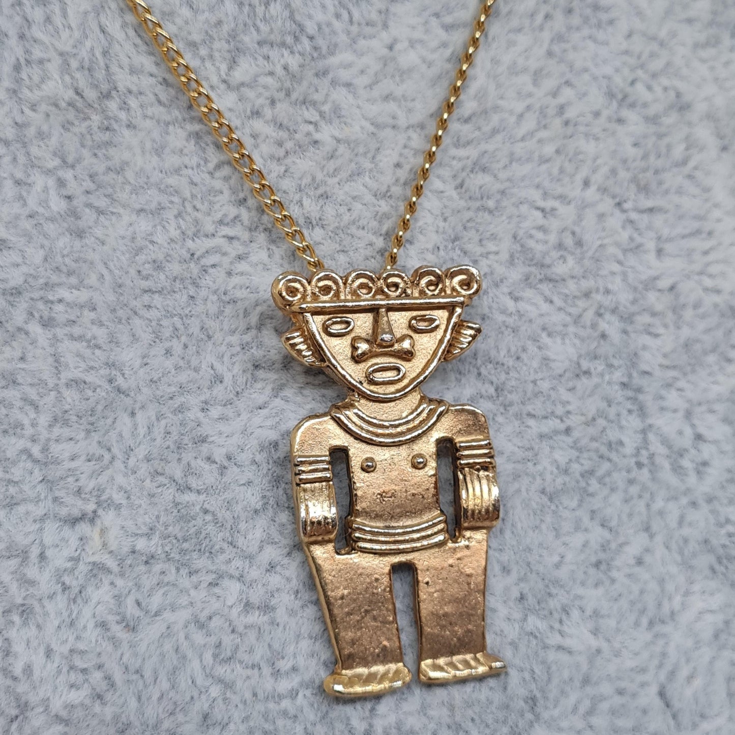 Vintage Mayan god pendant necklace Gold-tone metal chain and Aztec male figure pendant