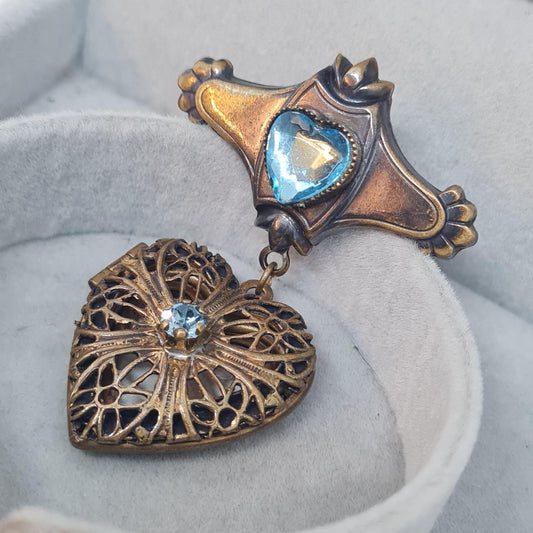 Vintage heart locket brooch pin Bronze-tone metal and blue glass rhinestone Antic style heart locket-brooch.