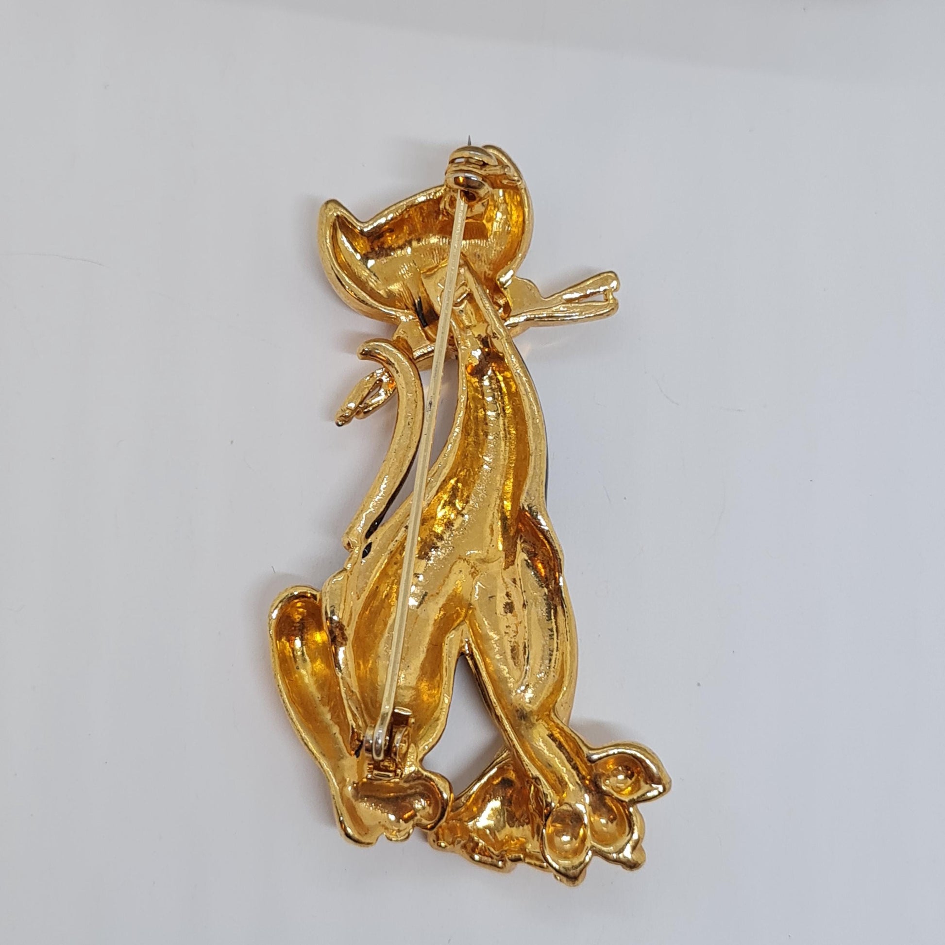 Vintage Enamel Cat Brooch: Gold Tone Rhinestone Pin