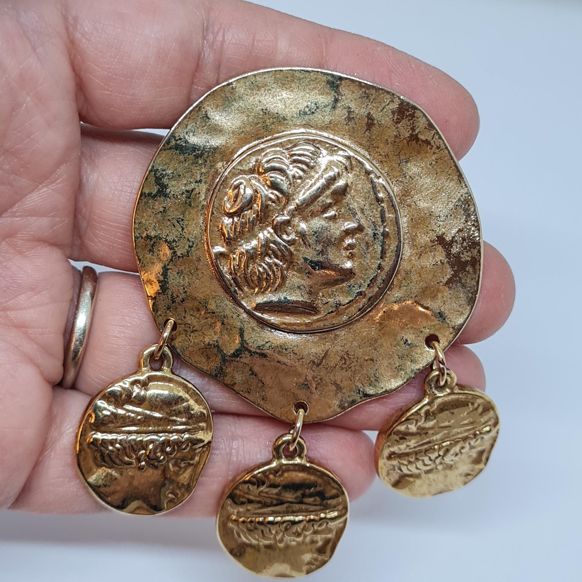 Vintage Roman brooch Textured gold-tone metal pin with ancient coin charm with Athena's owl