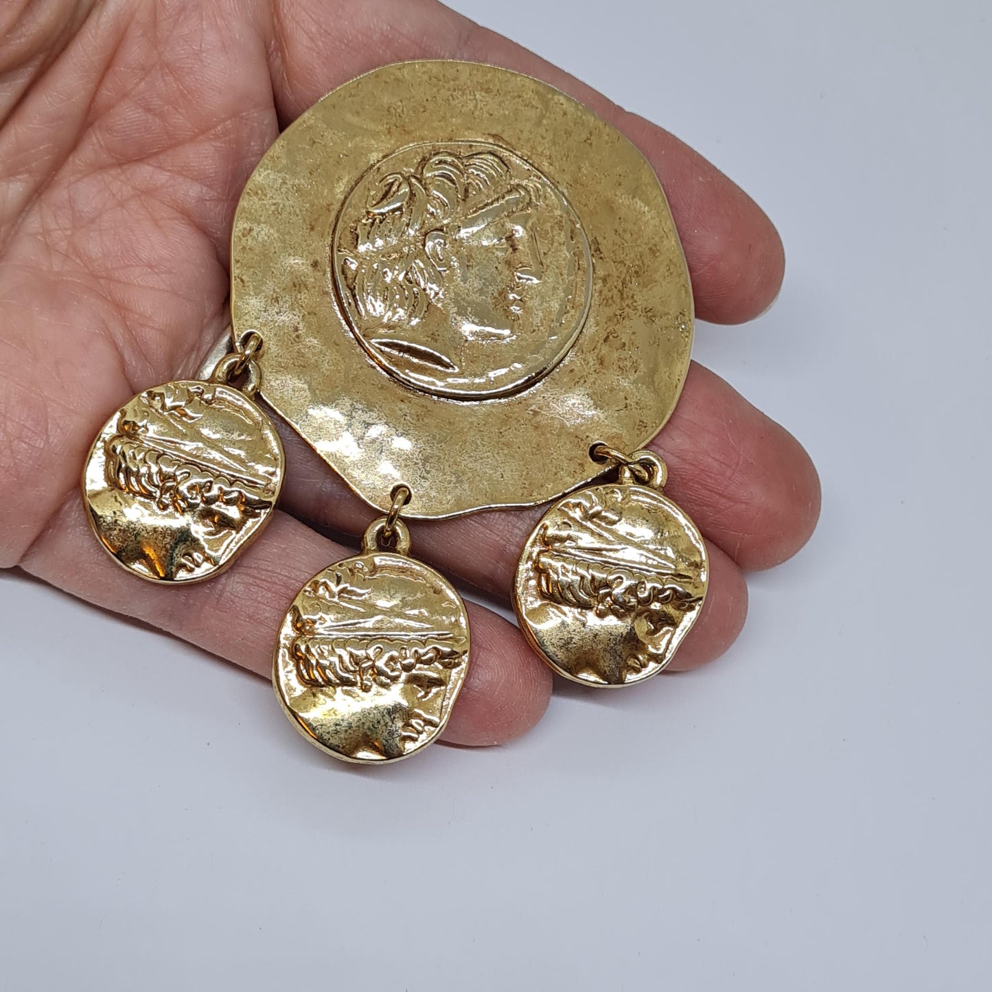 Vintage Roman brooch Textured gold-tone metal pin with ancient coin charm with Athena's owl