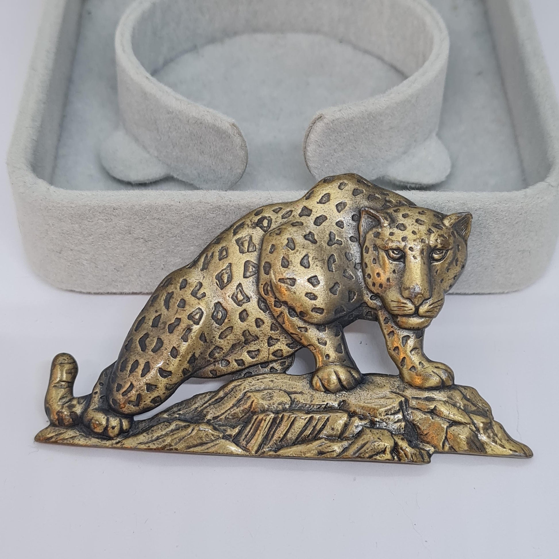 Vintage JJ Leopard brooch. Brass metal brooch pin by a designer.