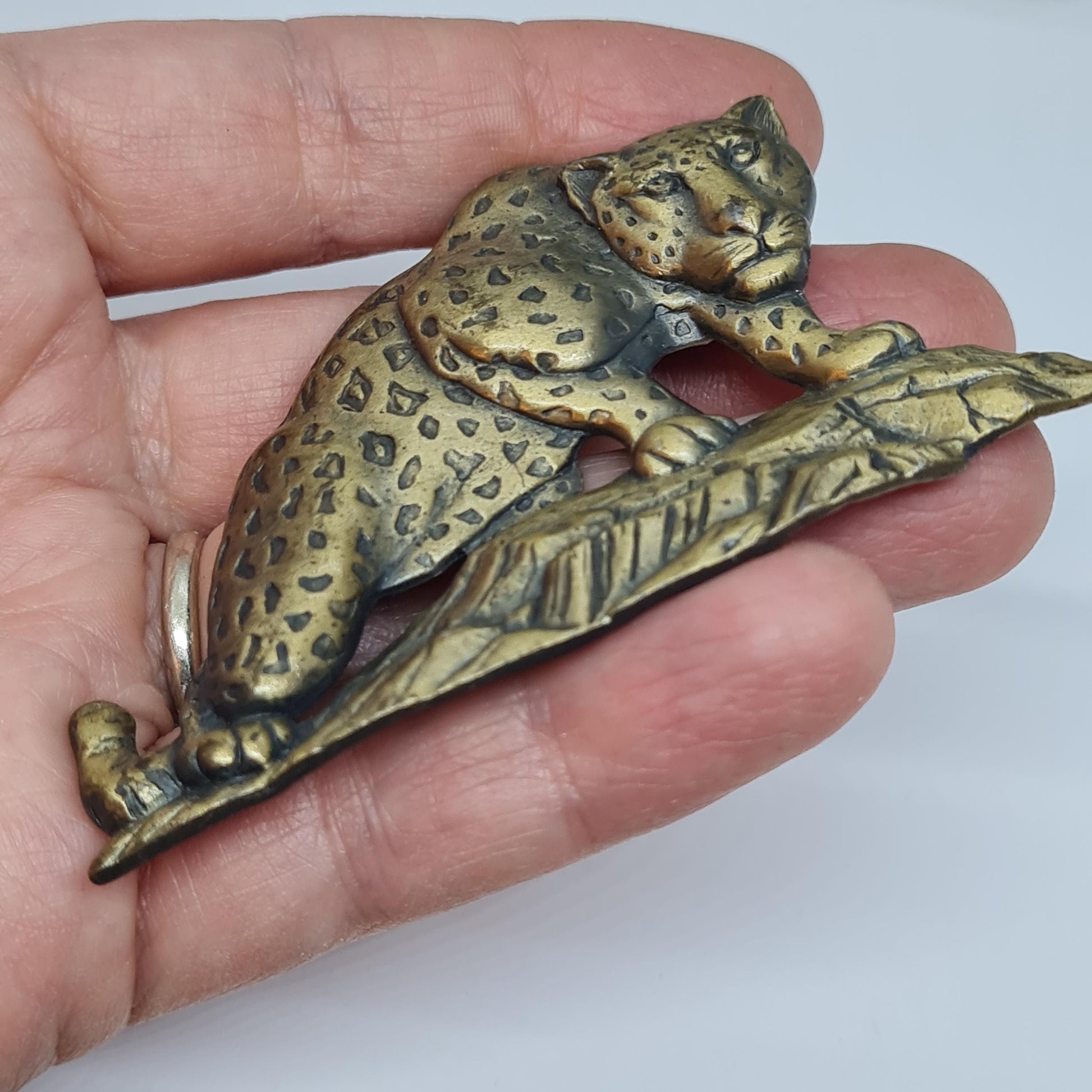 Vintage JJ Leopard brooch, Brass metal brooch pin by a designer