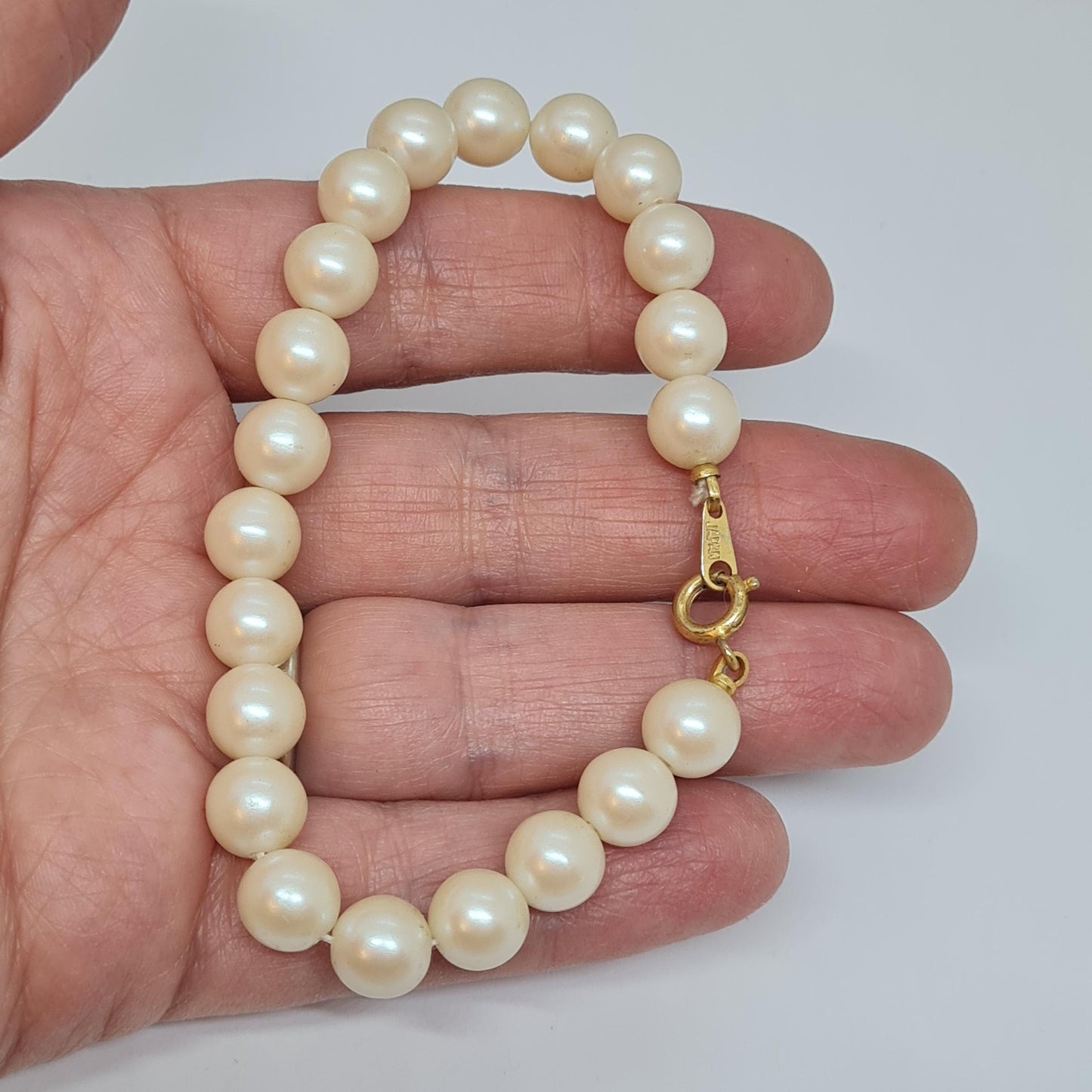 Vintage Japan Faux Pearl Bracelet: Gold Tone Wedding Jewelry