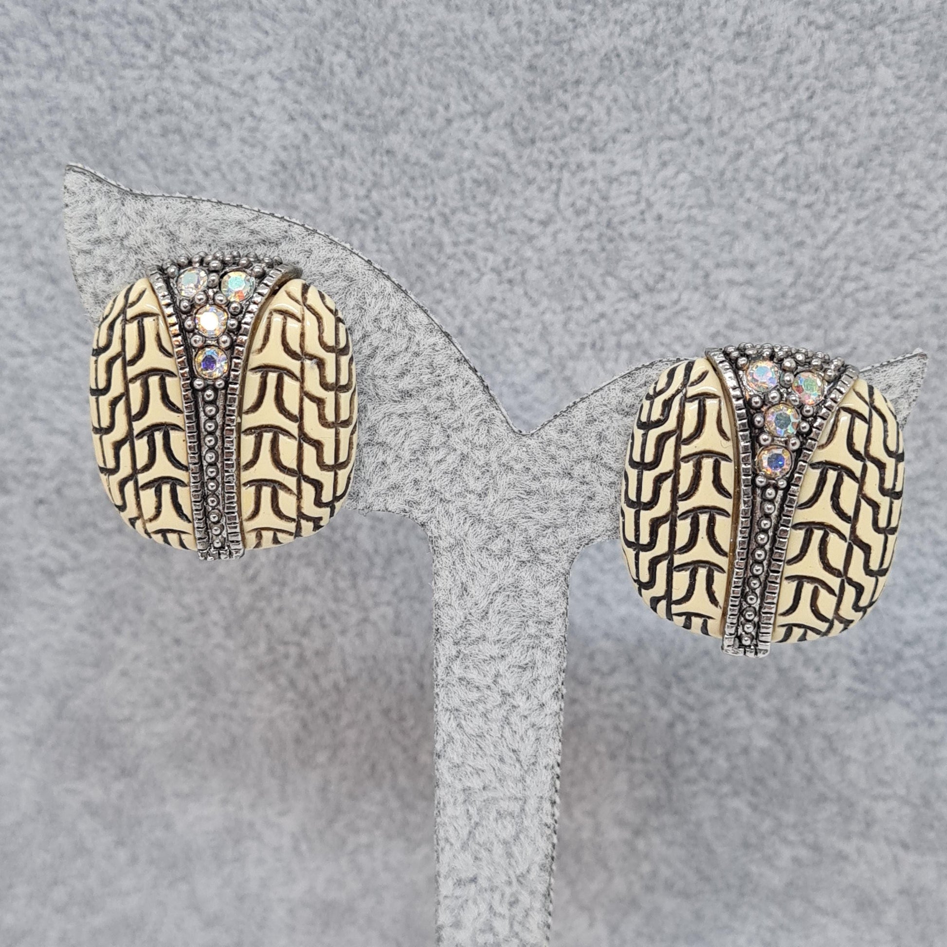 Vintage 1960s square clip-on earrings Carved resin with AB rhinestone clip earrings