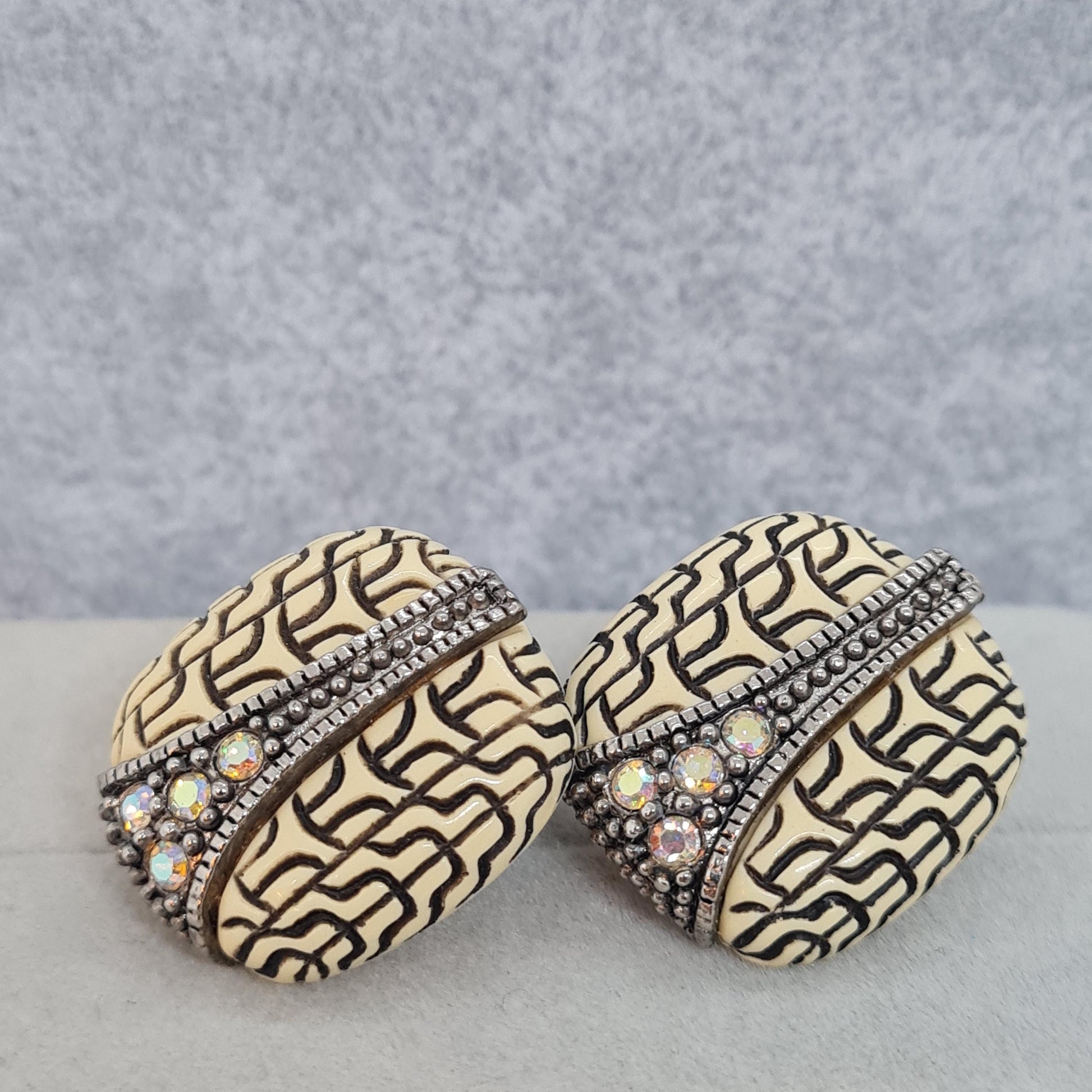 Vintage 1960s square clip-on earrings Carved resin with AB rhinestone clip earrings