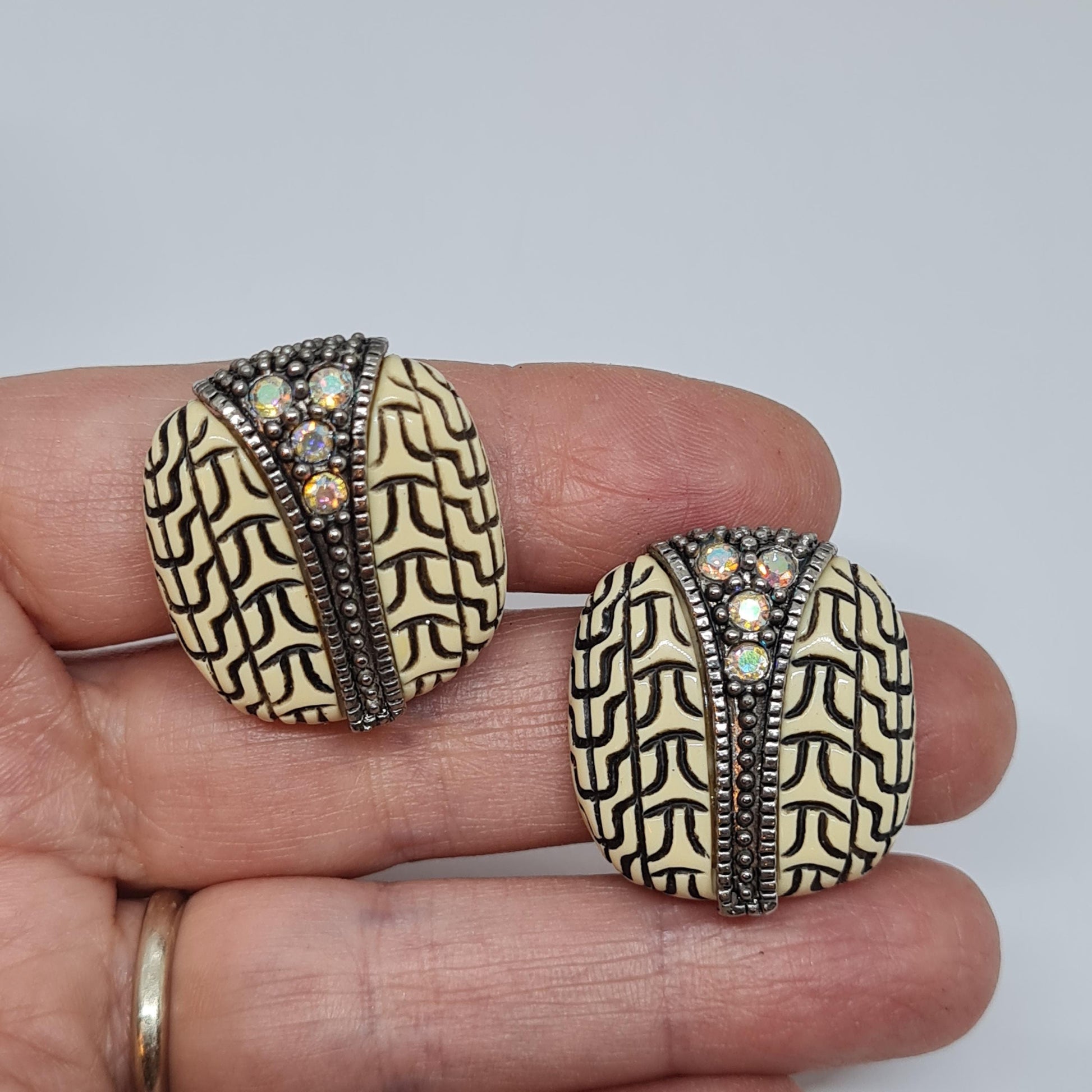 Vintage 1960s square clip-on earrings Carved resin with AB rhinestone clip earrings