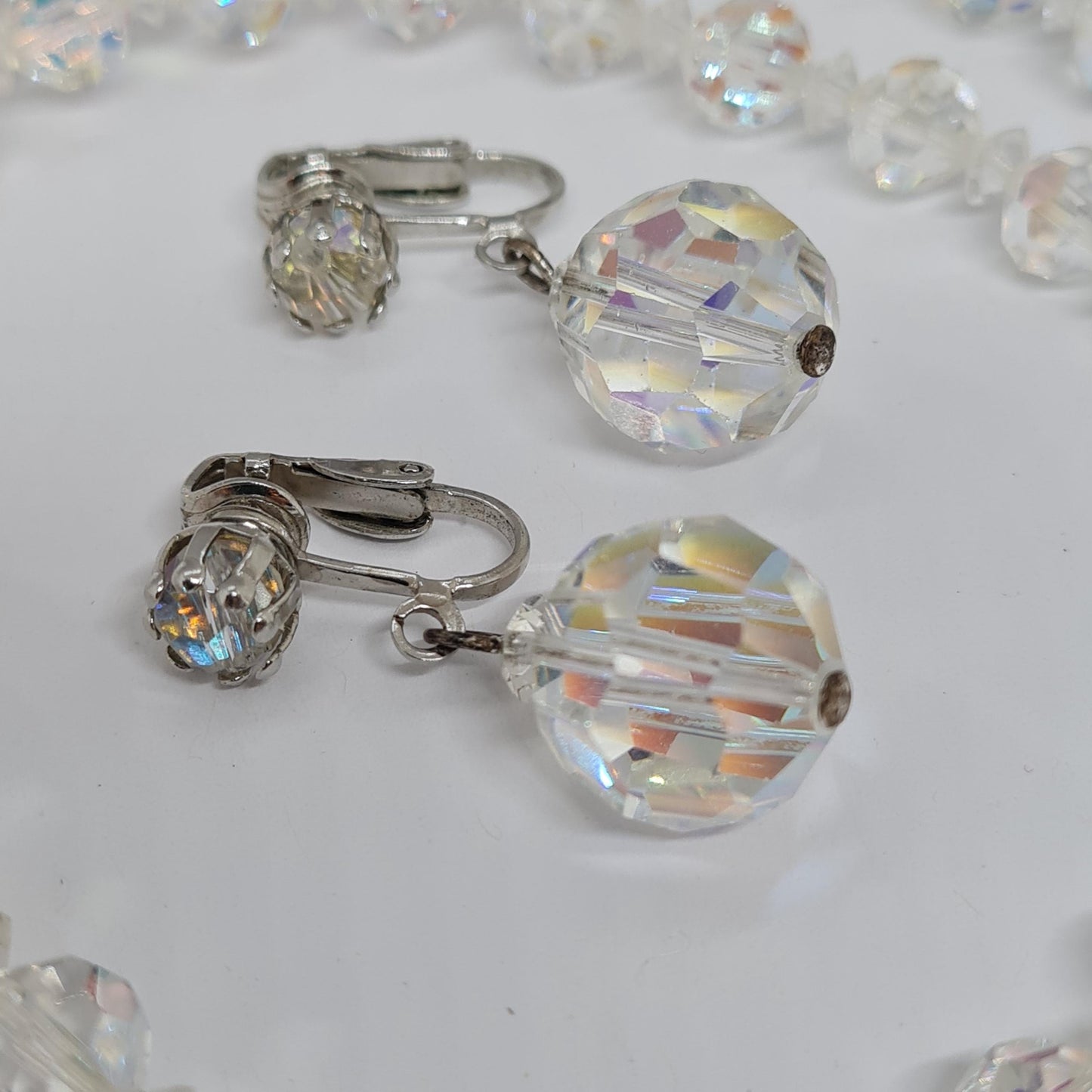Vintage AB Rhinestone Jewelry Set: Silver-Tone Necklace & Clip-On Earrings