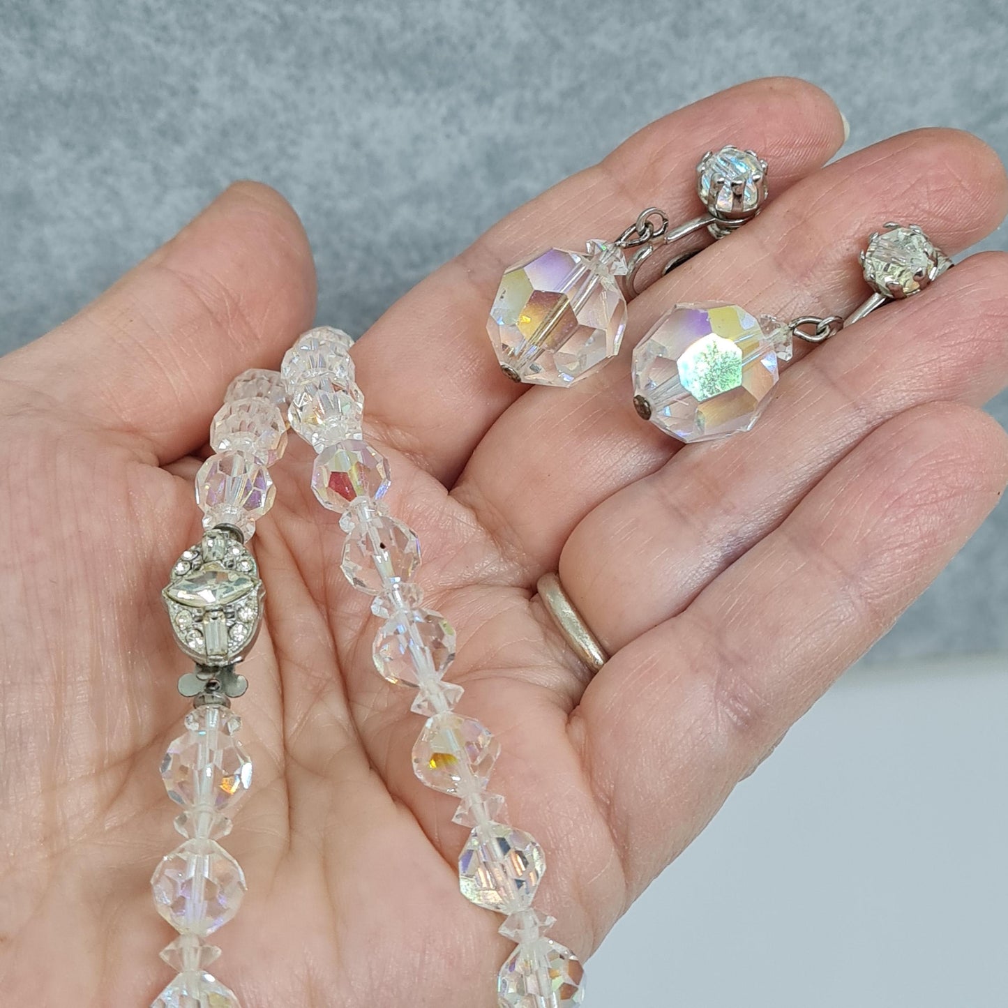 Vintage AB Rhinestone Jewelry Set: Silver-Tone Necklace & Clip-On Earrings