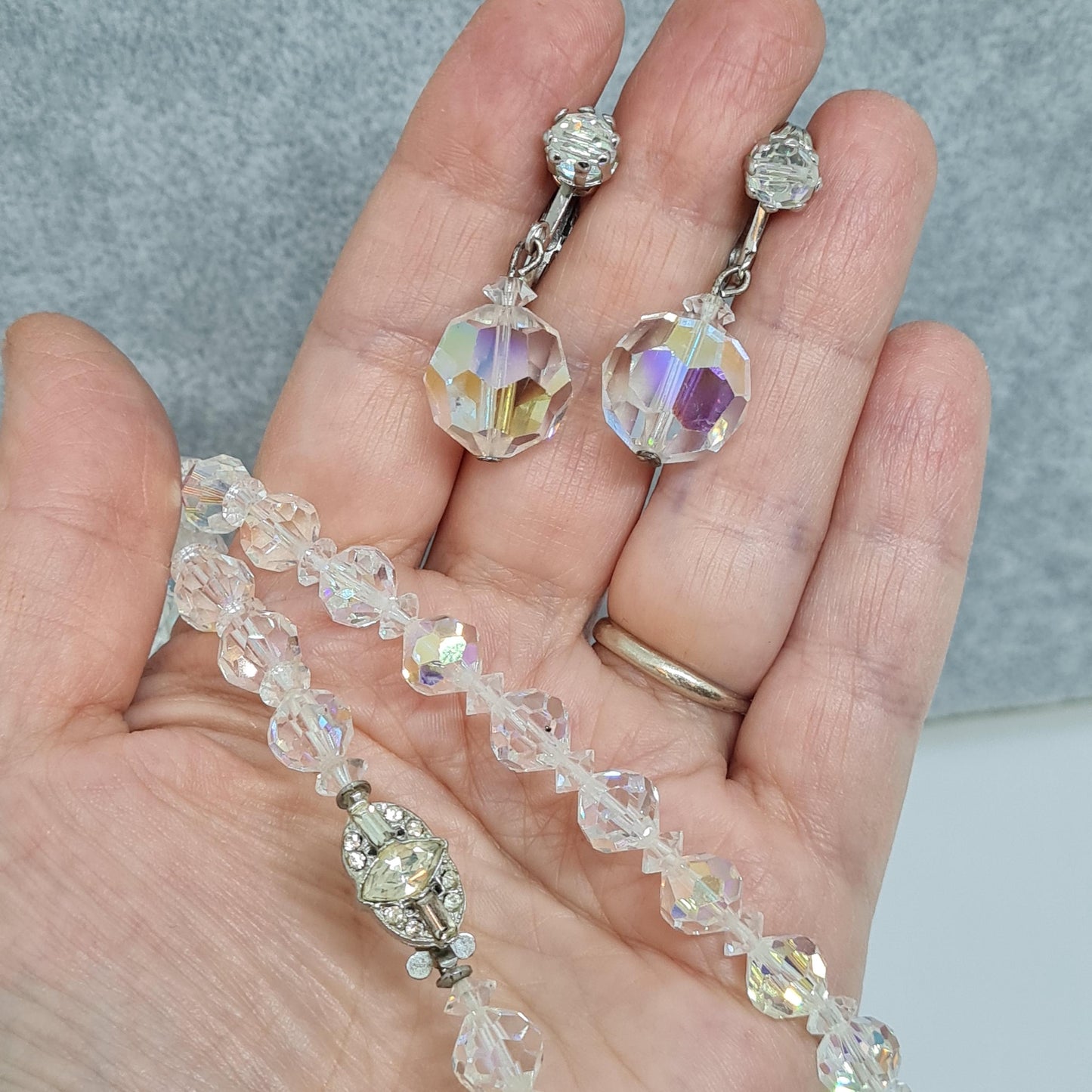 Vintage AB Rhinestone Jewelry Set: Silver-Tone Necklace & Clip-On Earrings