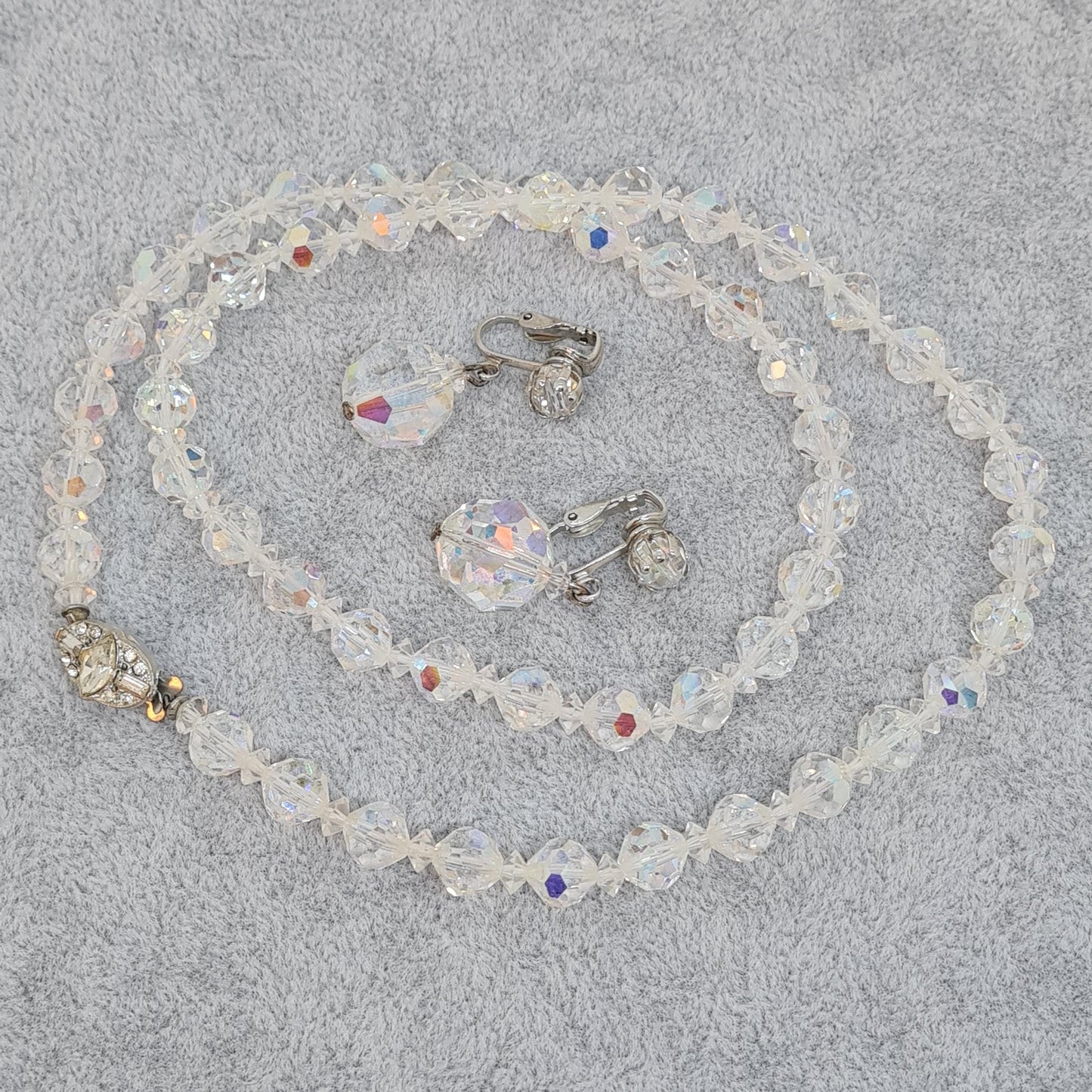 Vintage AB Rhinestone Jewelry Set: Silver-Tone Necklace & Clip-On Earrings