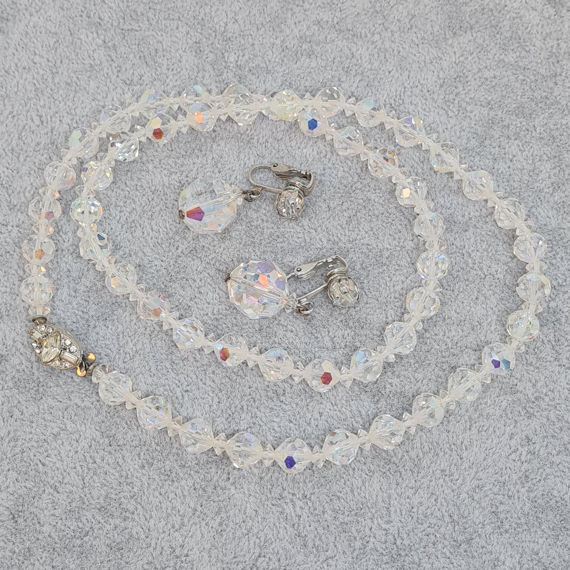 Vintage AB Rhinestone Jewelry Set: Silver-Tone Necklace & Clip-On Earrings