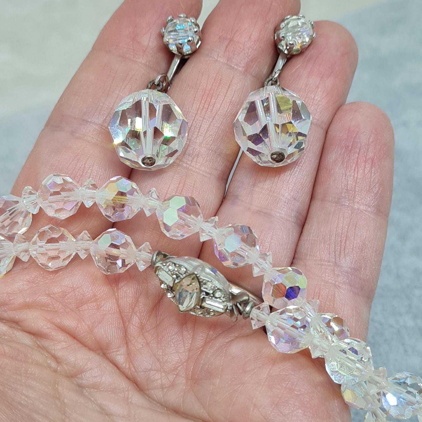 Vintage AB Rhinestone Jewelry Set: Silver-Tone Necklace & Clip-On Earrings