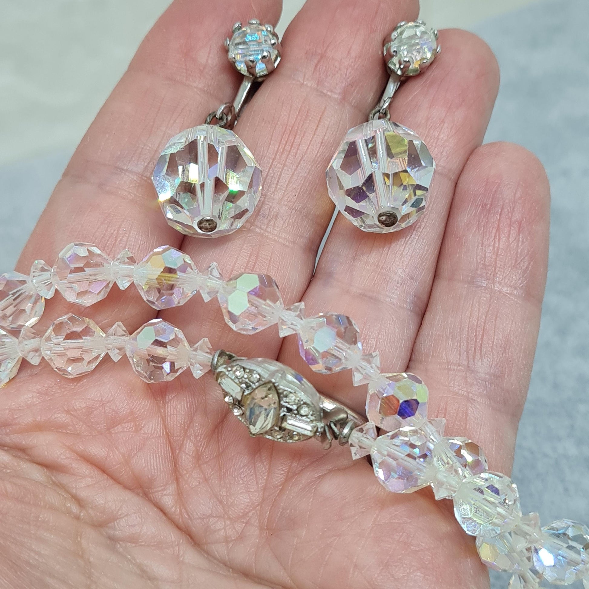 Vintage AB Rhinestone Jewelry Set: Silver-Tone Necklace & Clip-On Earrings