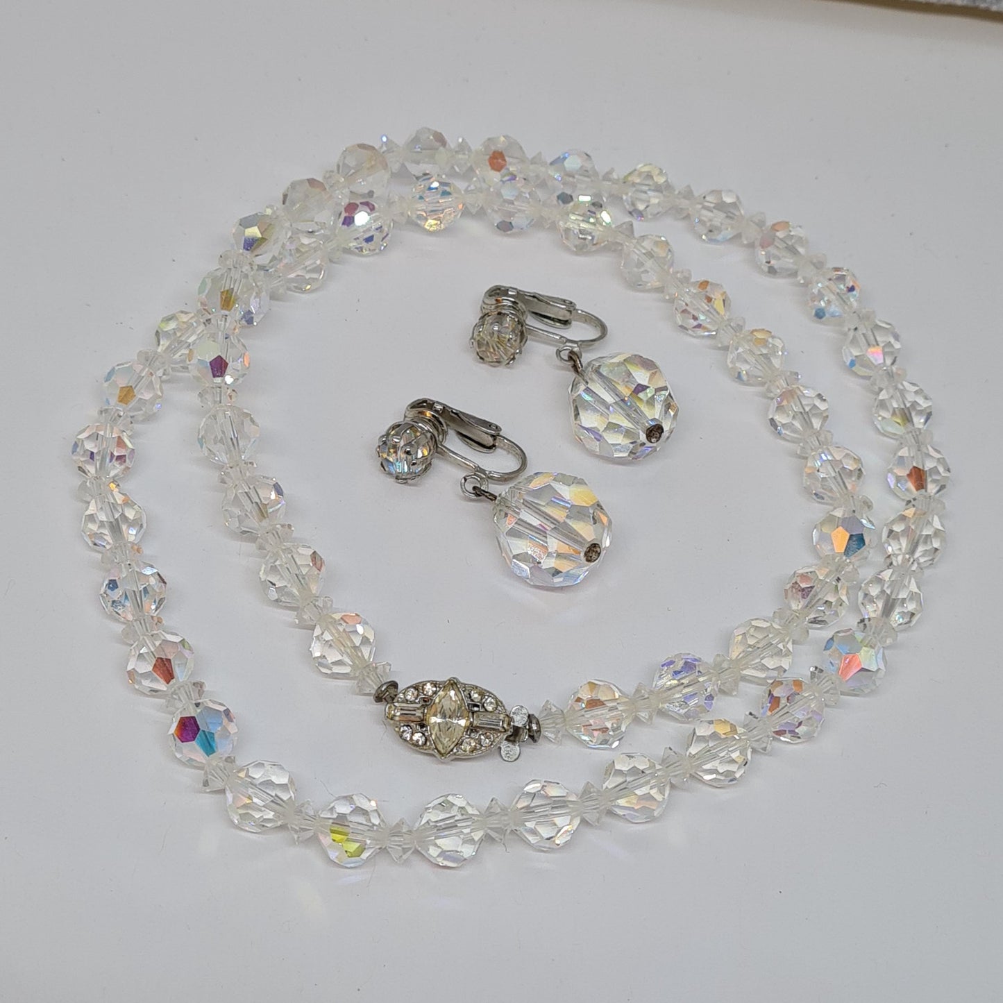 Vintage AB Rhinestone Jewelry Set: Silver-Tone Necklace & Clip-On Earrings