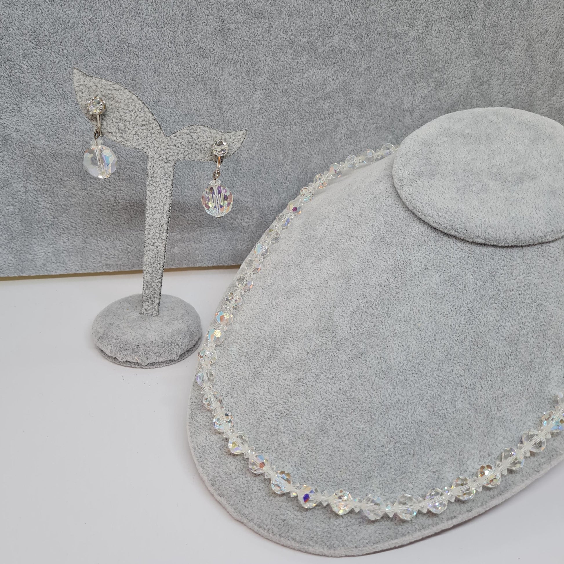 Vintage AB Rhinestone Jewelry Set: Silver-Tone Necklace & Clip-On Earrings