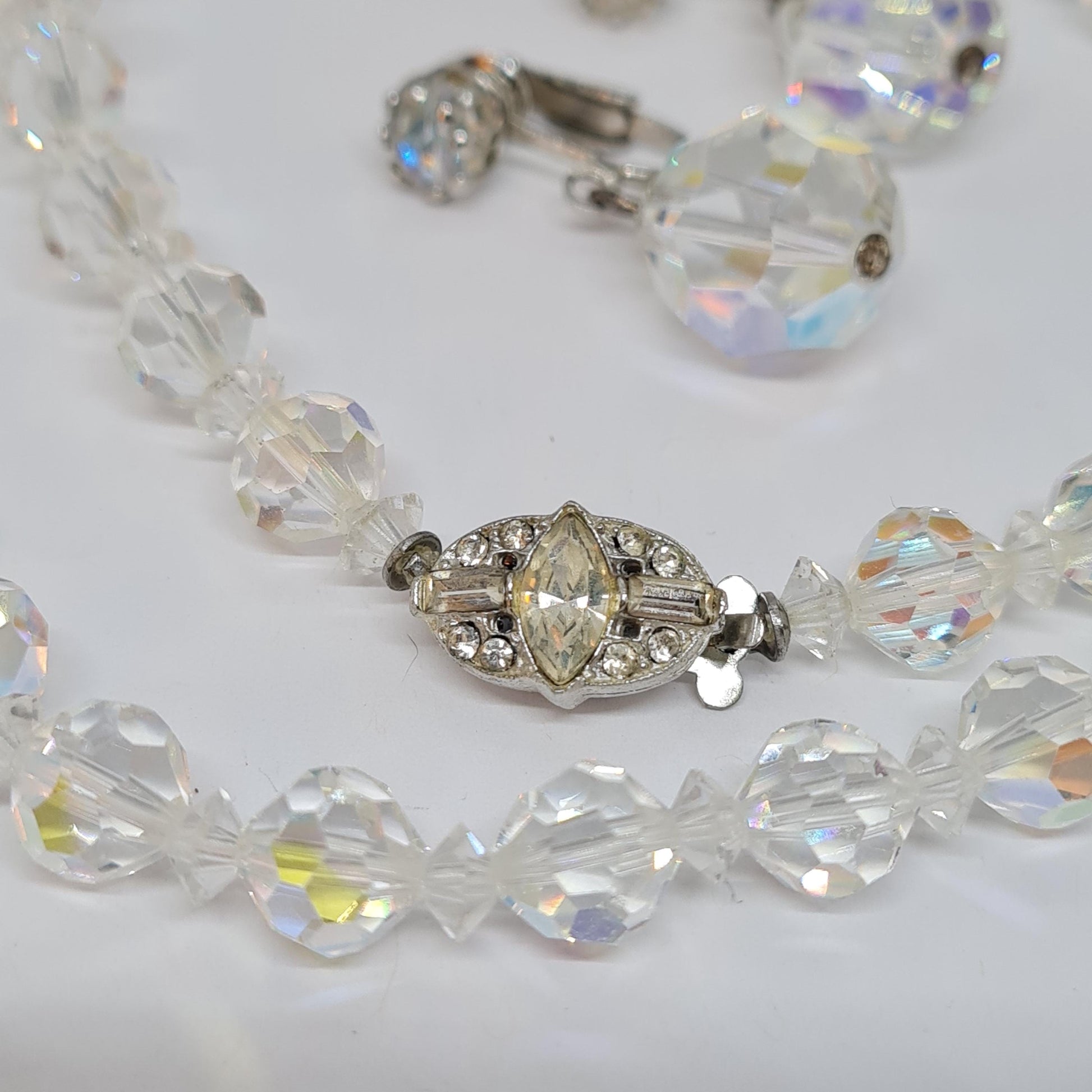 Vintage AB Rhinestone Jewelry Set: Silver-Tone Necklace & Clip-On Earrings