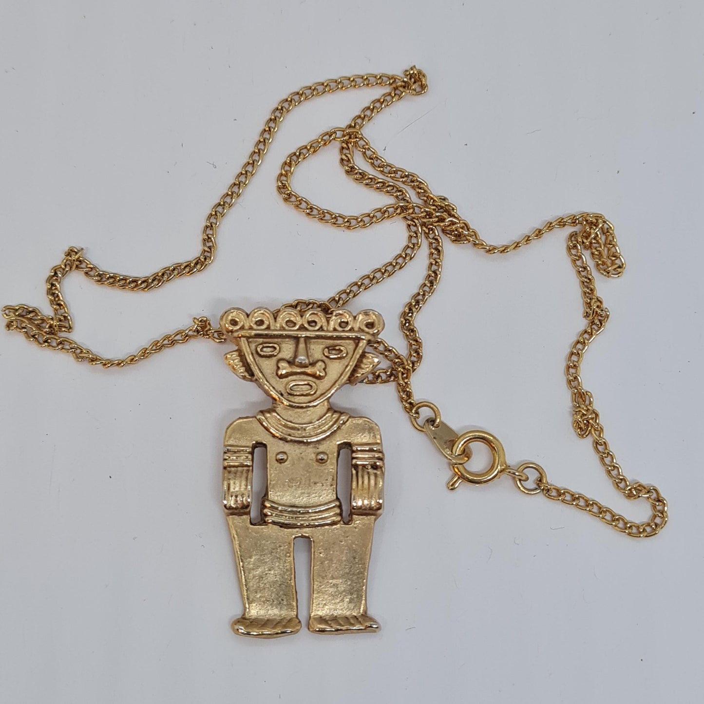 Vintage Mayan god pendant necklace Gold-tone metal chain and Aztec male figure pendant