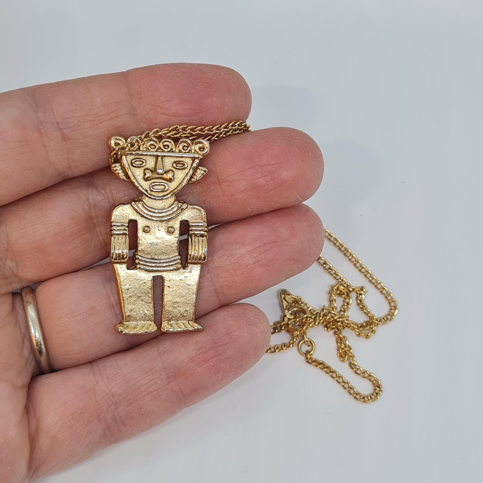 Vintage Mayan god pendant necklace Gold-tone metal chain and Aztec male figure pendant