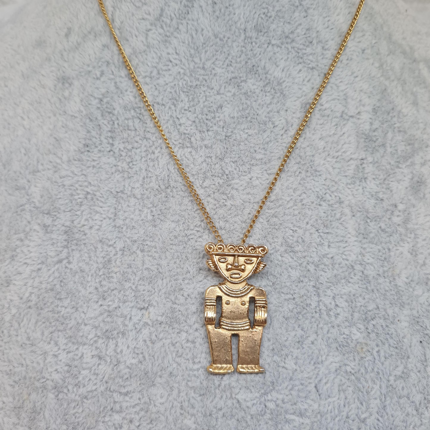 Vintage Mayan god pendant necklace Gold-tone metal chain and Aztec male figure pendant