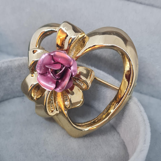 Vintage BOTIQUE heart brooch. Gloss gold-tone metal brooch pin with pink rose. Valentine's Day gift.