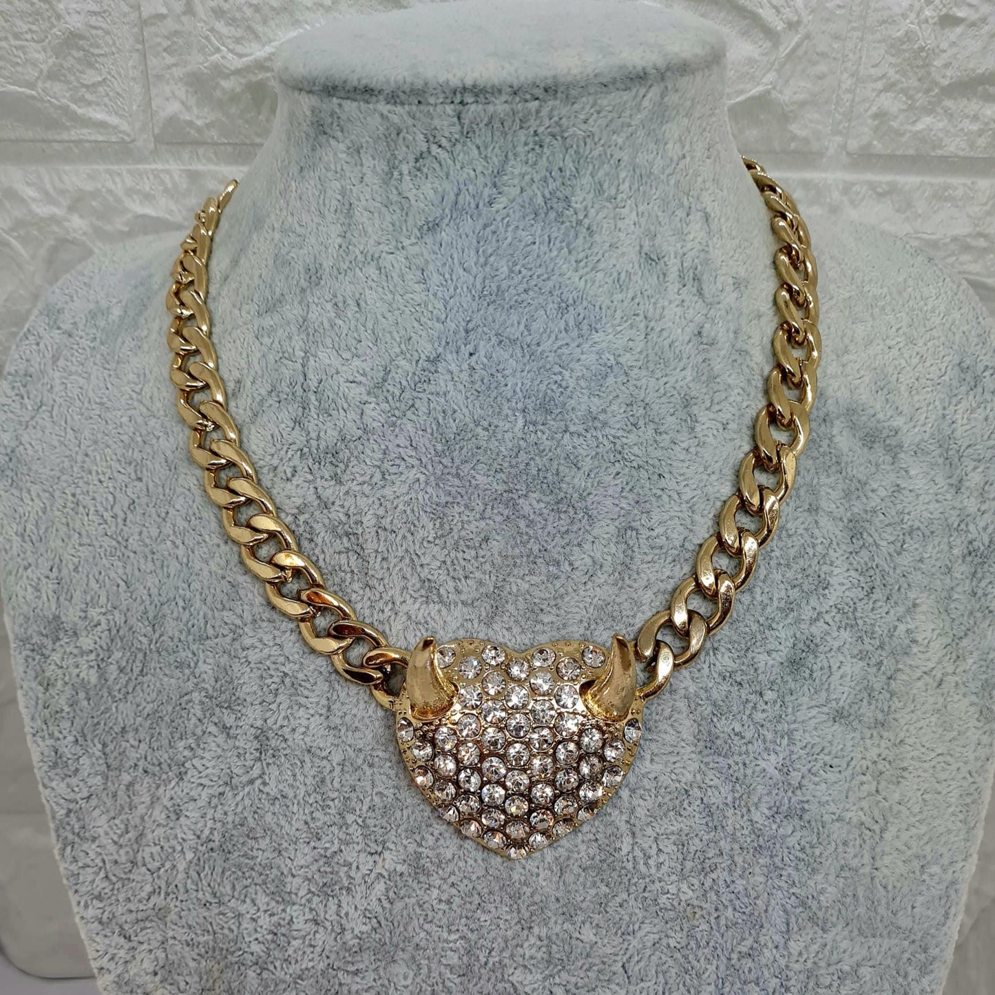 Vintage chunky devil pendant necklace, Gold-tone chunky chain with rhinestone pendant