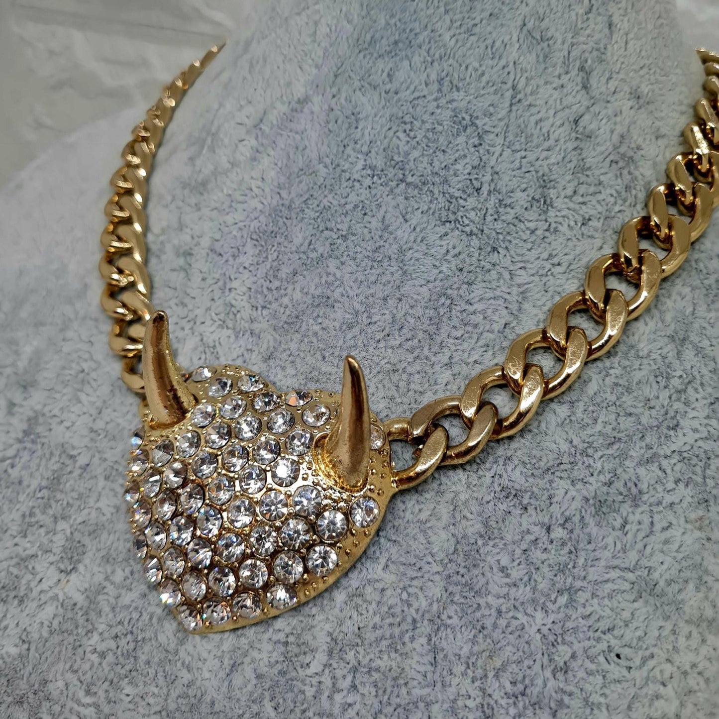 Vintage chunky devil pendant necklace, Gold-tone chunky chain with rhinestone pendant