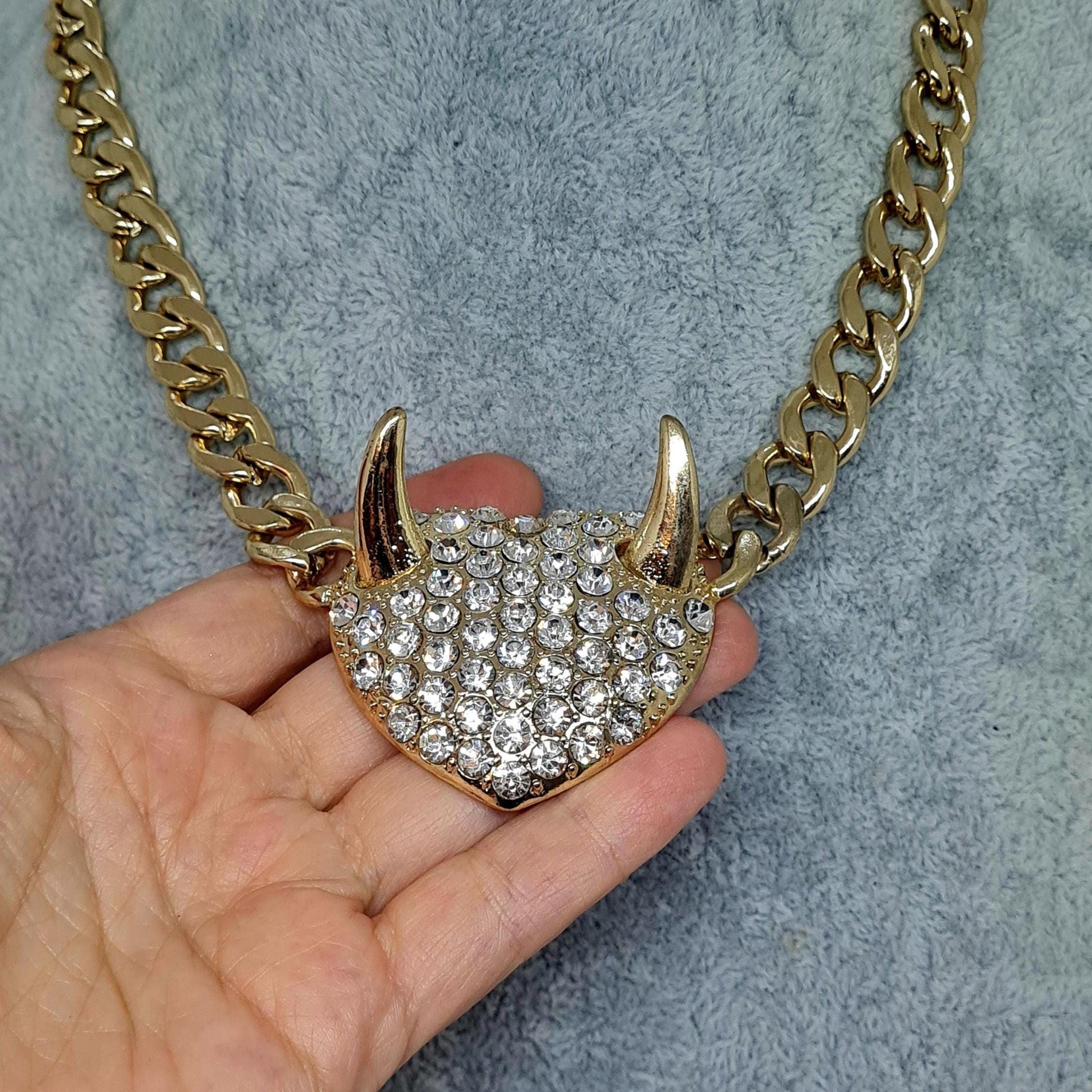 Vintage chunky devil pendant necklace, Gold-tone chunky chain with rhinestone pendant
