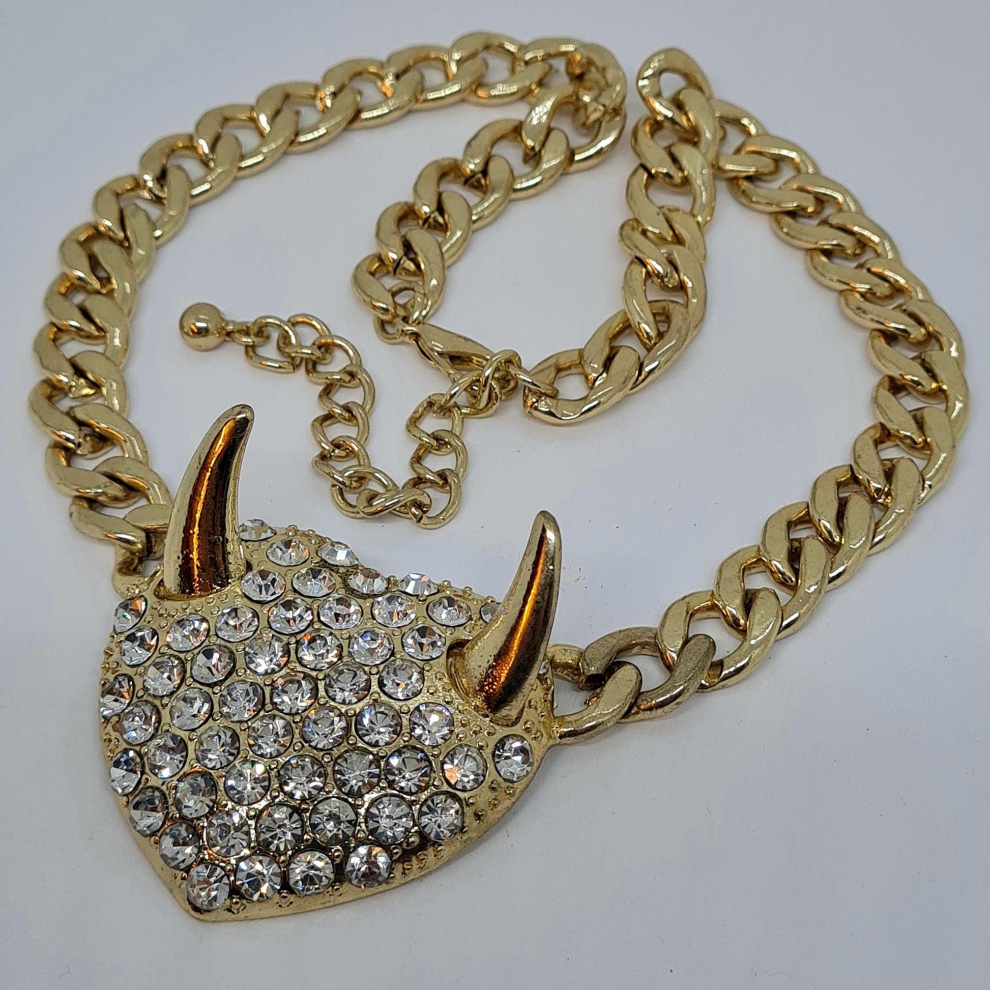 Vintage chunky devil pendant necklace, Gold-tone chunky chain with rhinestone pendant