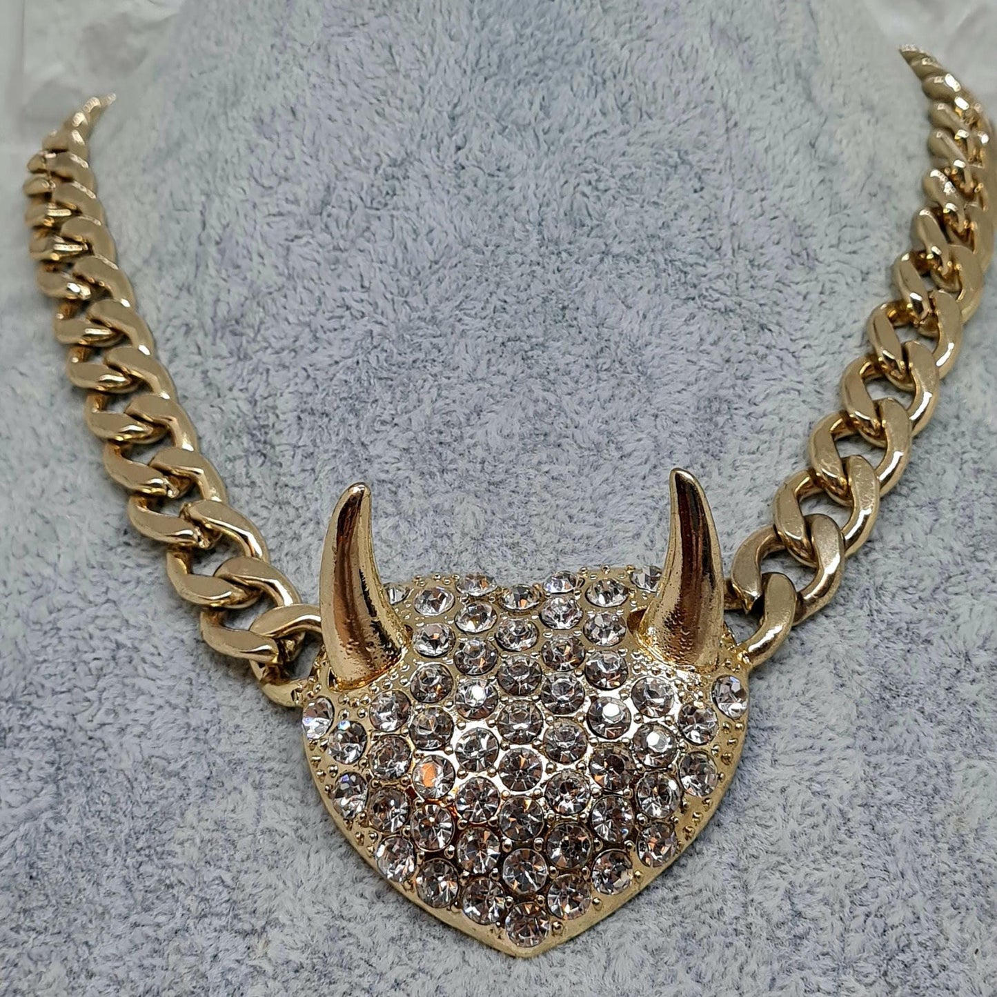 Vintage chunky devil pendant necklace, Gold-tone chunky chain with rhinestone pendant