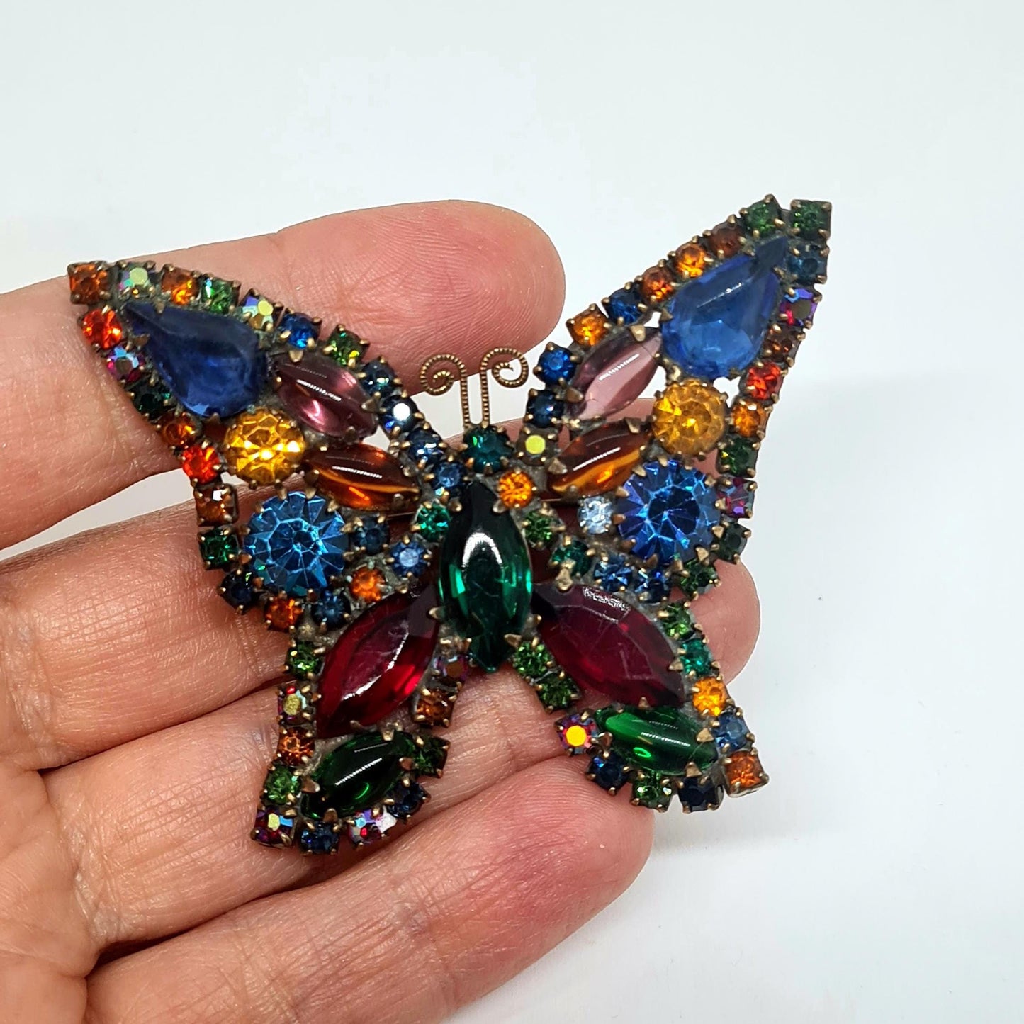 Vintage WEISS butterfly brooch, Bronze-tone metal with glass rhinestones, Designer unsigned butterfly brooch pin