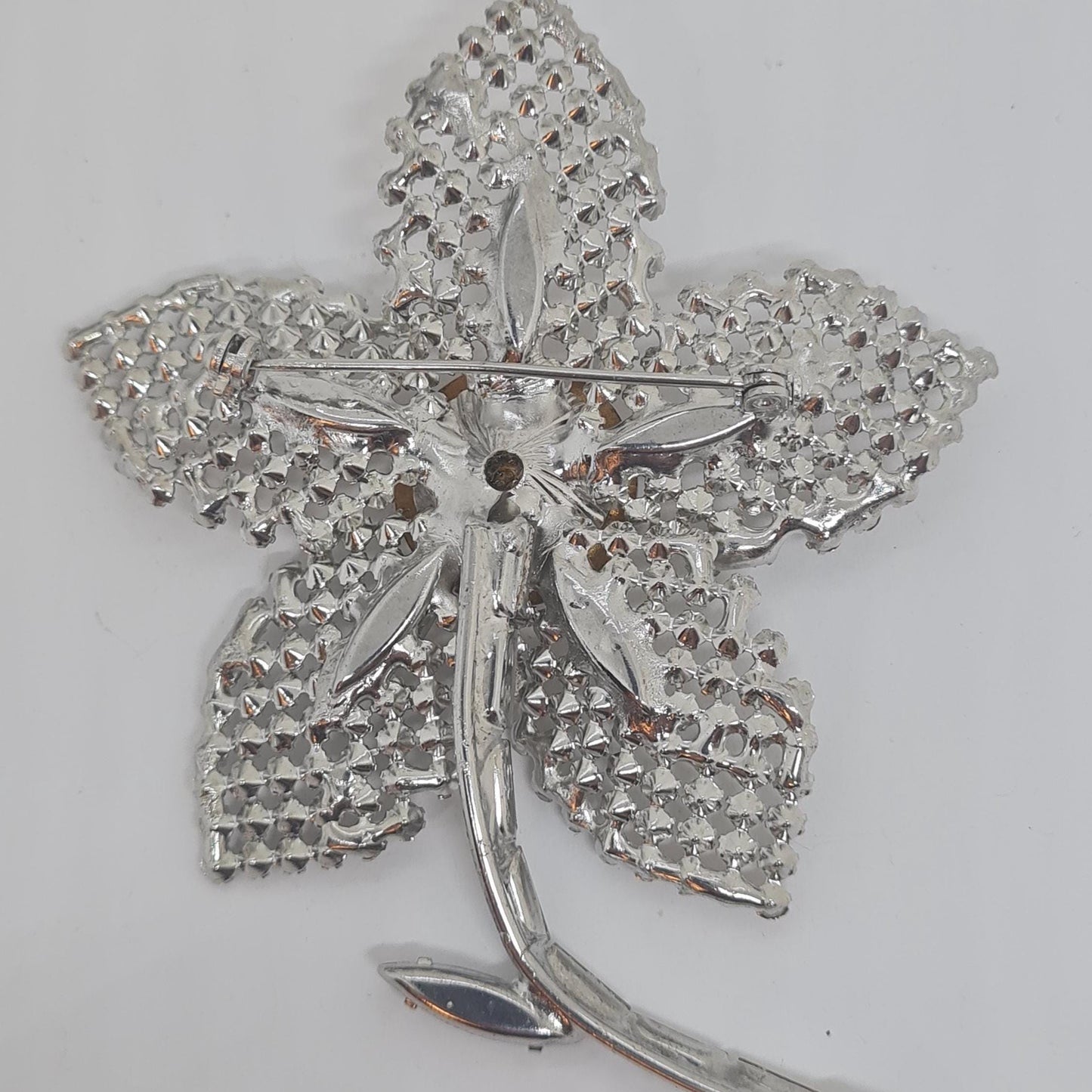 Vintage large rhinestone brooch, Silver-tone metal with clear glass rhinestones, Big floral sparkly brooch pin