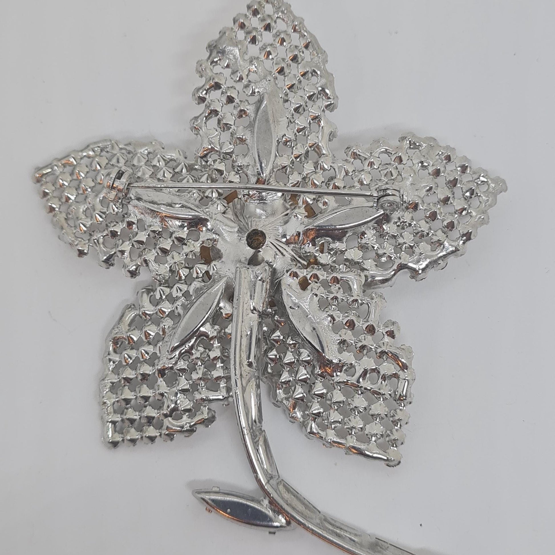 Vintage large rhinestone brooch, Silver-tone metal with clear glass rhinestones, Big floral sparkly brooch pin