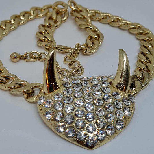 Vintage chunky devil pendant necklace, Gold-tone chunky chain with rhinestone pendant