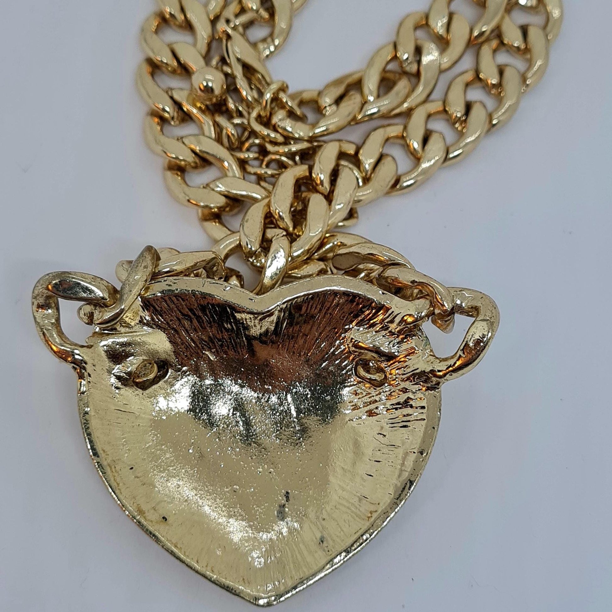 Vintage chunky devil pendant necklace, Gold-tone chunky chain with rhinestone pendant