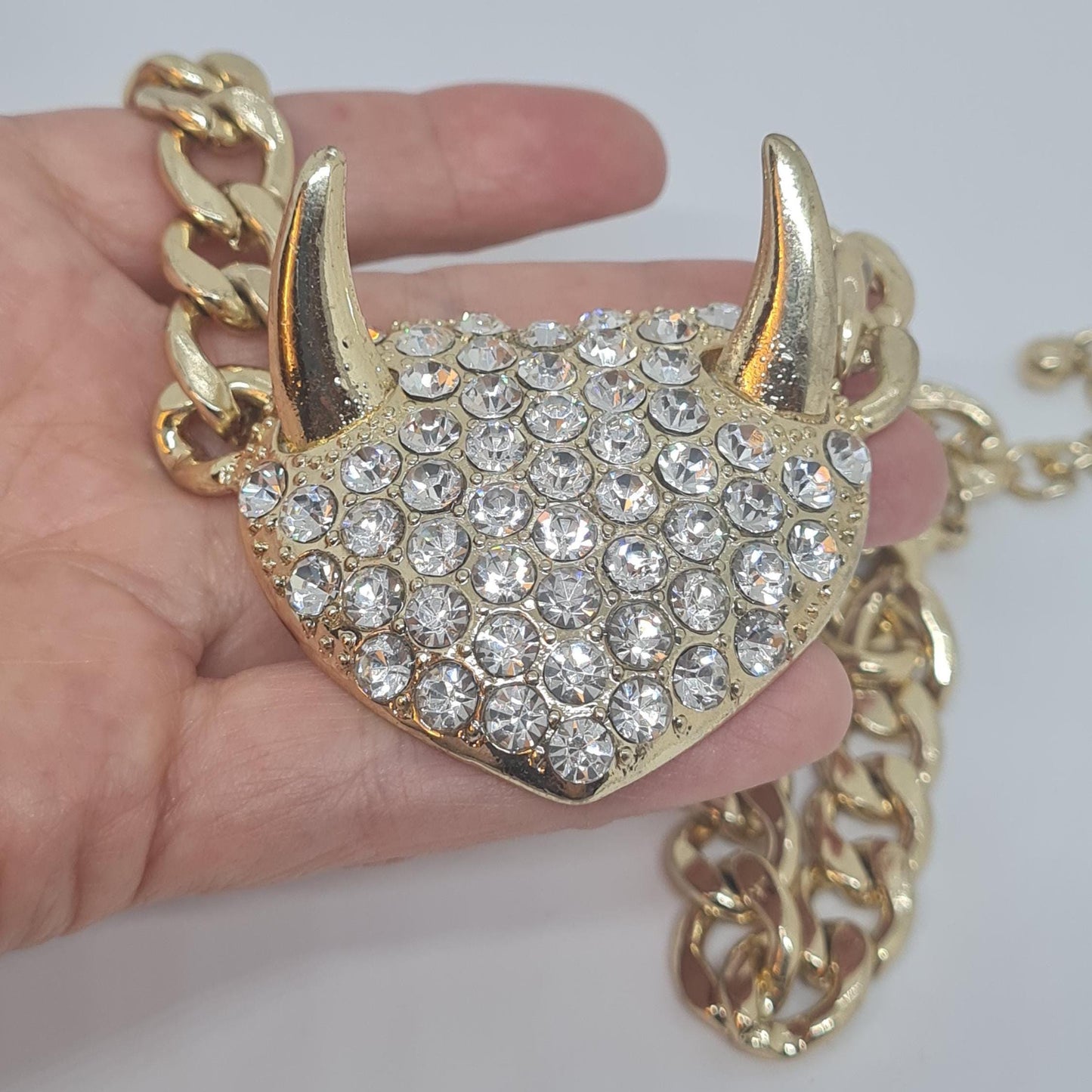 Vintage chunky devil pendant necklace, Gold-tone chunky chain with rhinestone pendant