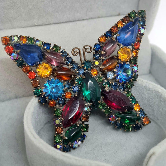 Vintage WEISS butterfly brooch, Bronze-tone metal with glass rhinestones, Designer unsigned butterfly brooch pin