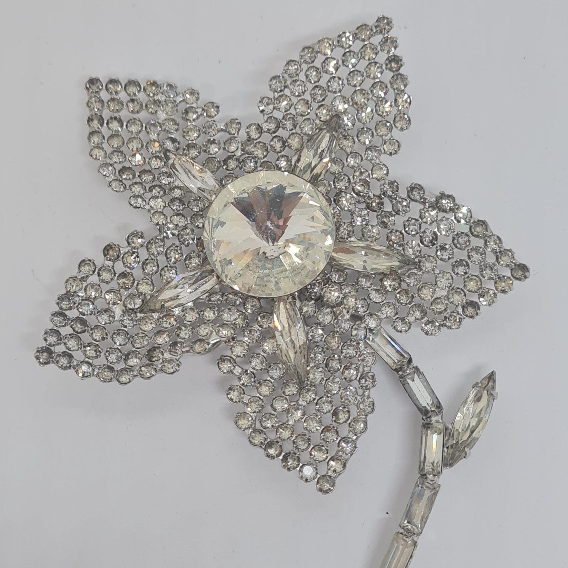 Vintage large rhinestone brooch, Silver-tone metal with clear glass rhinestones, Big floral sparkly brooch pin