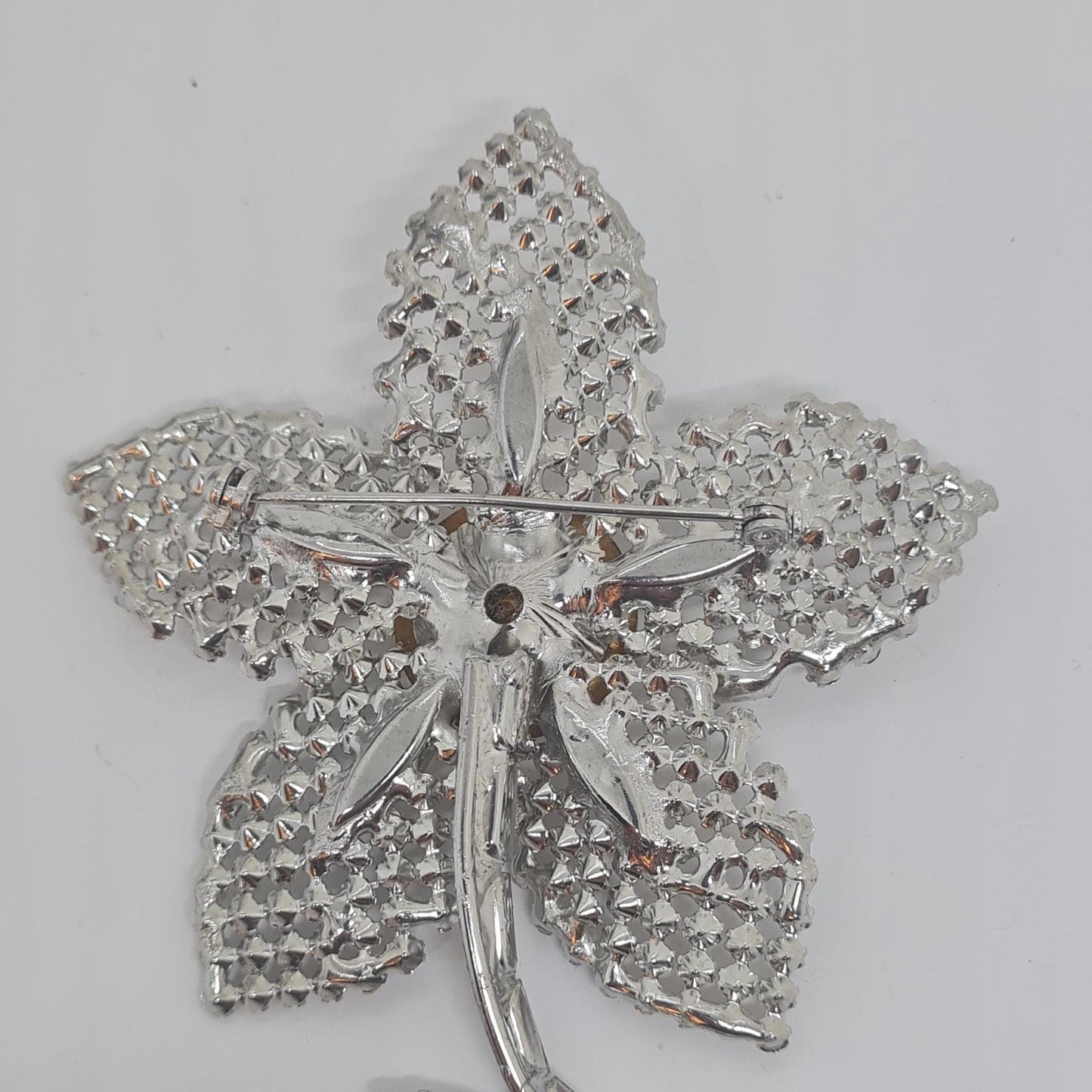Vintage large rhinestone brooch, Silver-tone metal with clear glass rhinestones, Big floral sparkly brooch pin