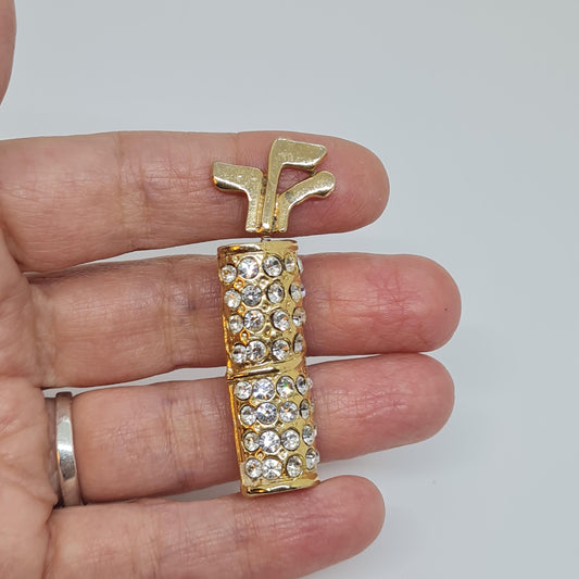 Vintage golf bag brooch, Gold-tone metal golfers brooch pin with trumbler