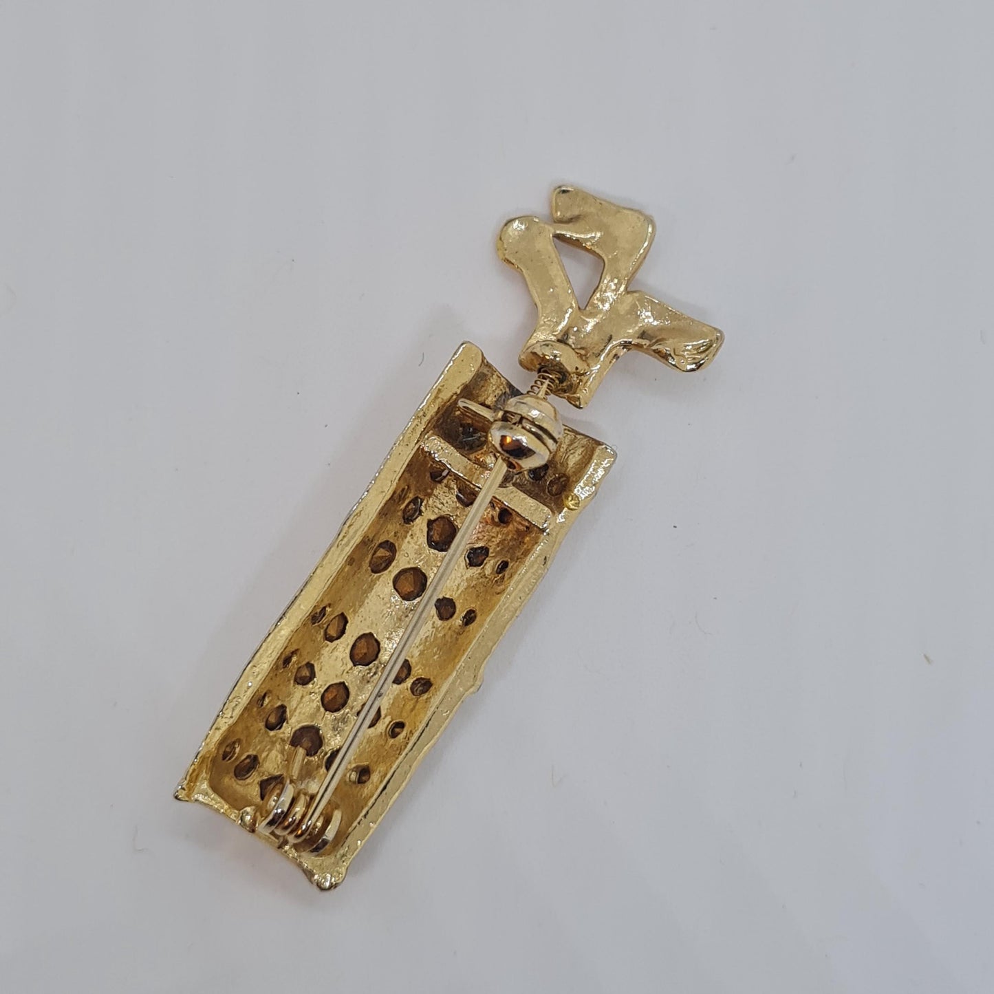 Vintage golf bag brooch, Gold-tone metal golfers brooch pin with trumbler